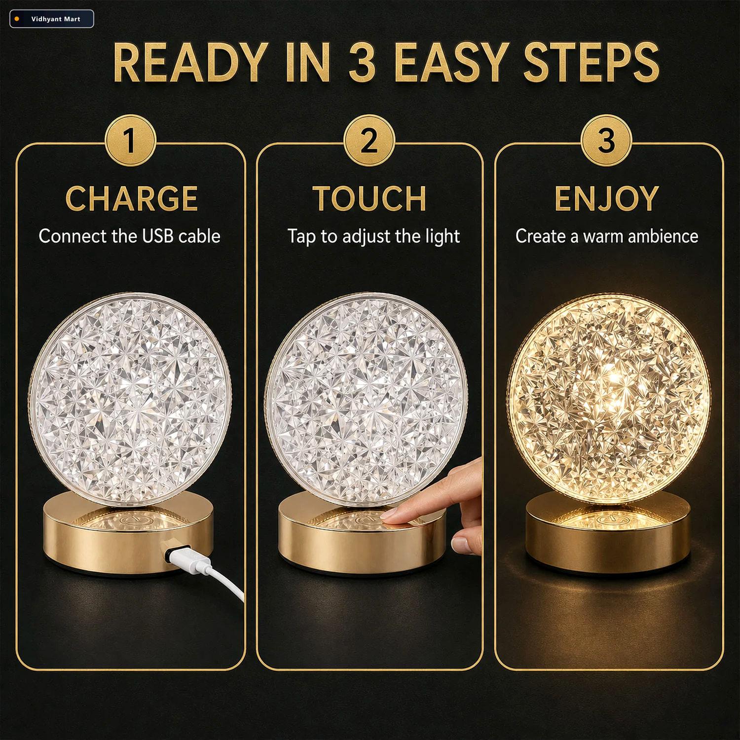 Vidhyant Mart Round Crystal Led Table Lamp Dimmable Touch Usb Re 2