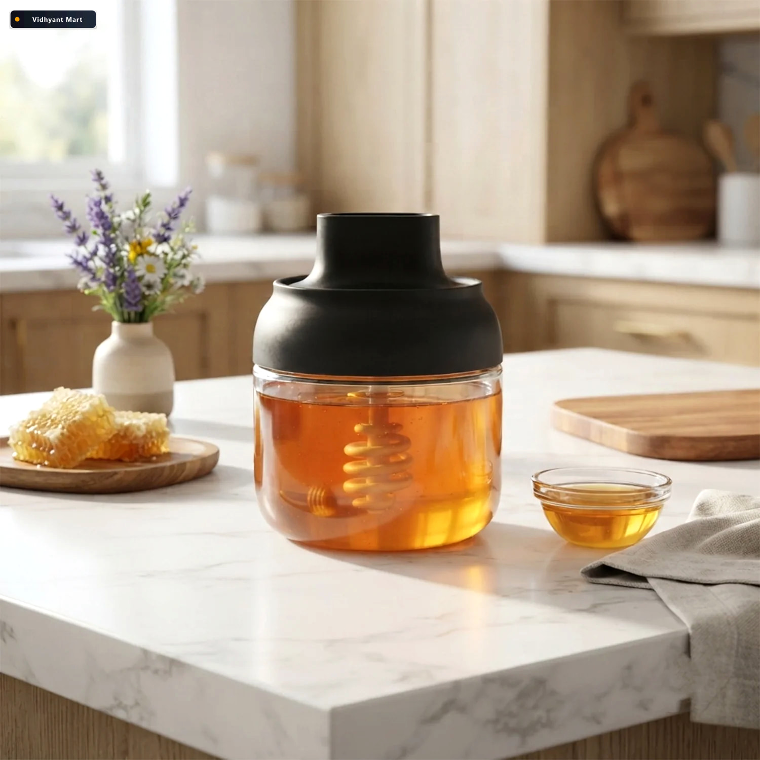 Vidhyant Mart Round Glass Jar Oil And Honey Dispenser With Dippe 2