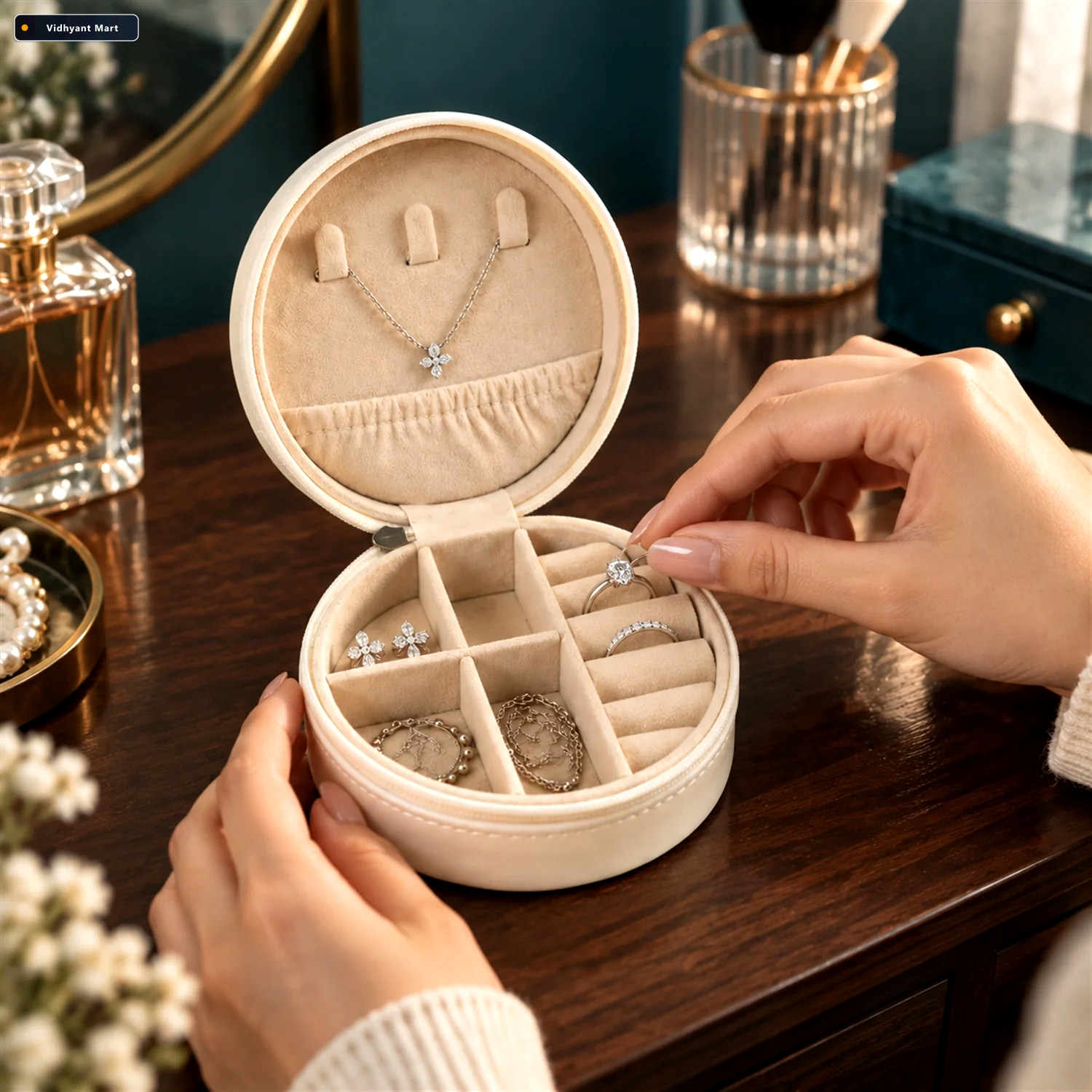 Vidhyant Mart Round Jewellery Organizer Box With Ring Rolls And 1