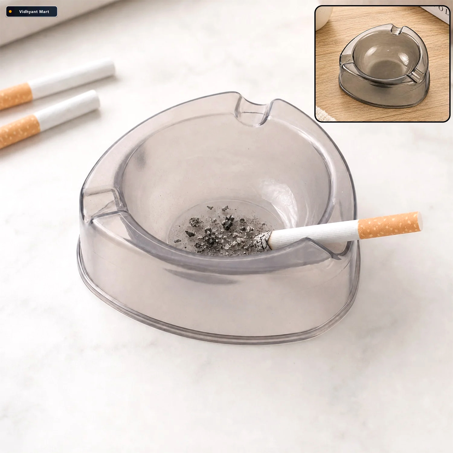 Vidhyant Mart Round Transparent Plastic Ashtray With 3 Cigarette 1