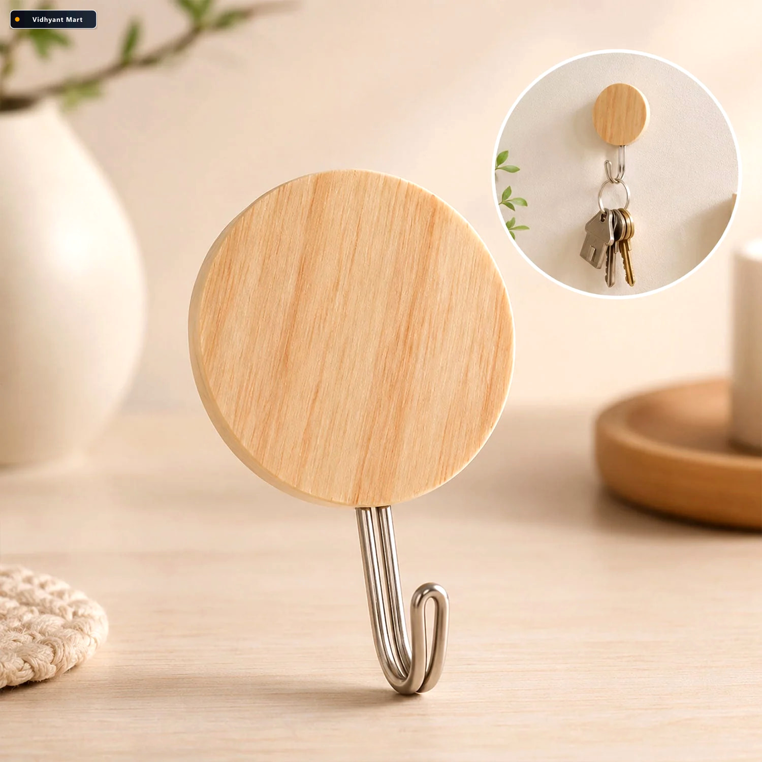 Vidhyant Mart Self Adhesive Wall Hooks No Drill Stylish Wooden F 1