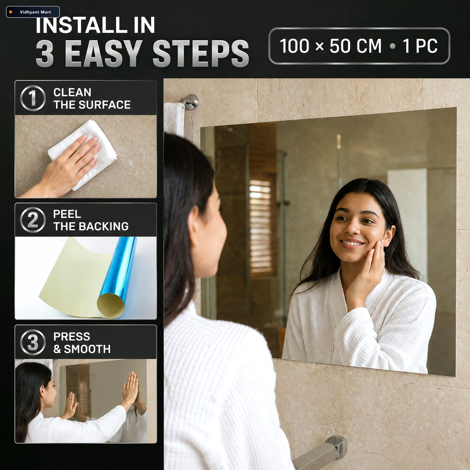 Vidhyant Mart Self Adhesive Wall Mirror Sheet Unbreakable Easy T 3