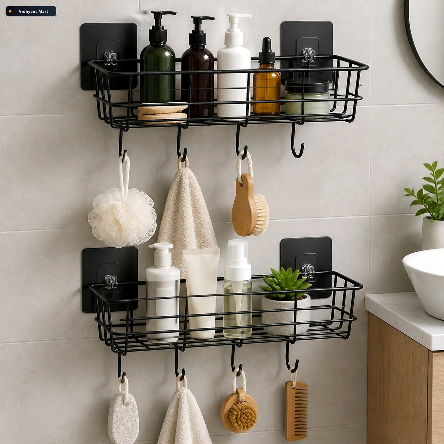 Vidhyant Mart Self Adhesive Wall Storage Baskets With Hooks Dura 1