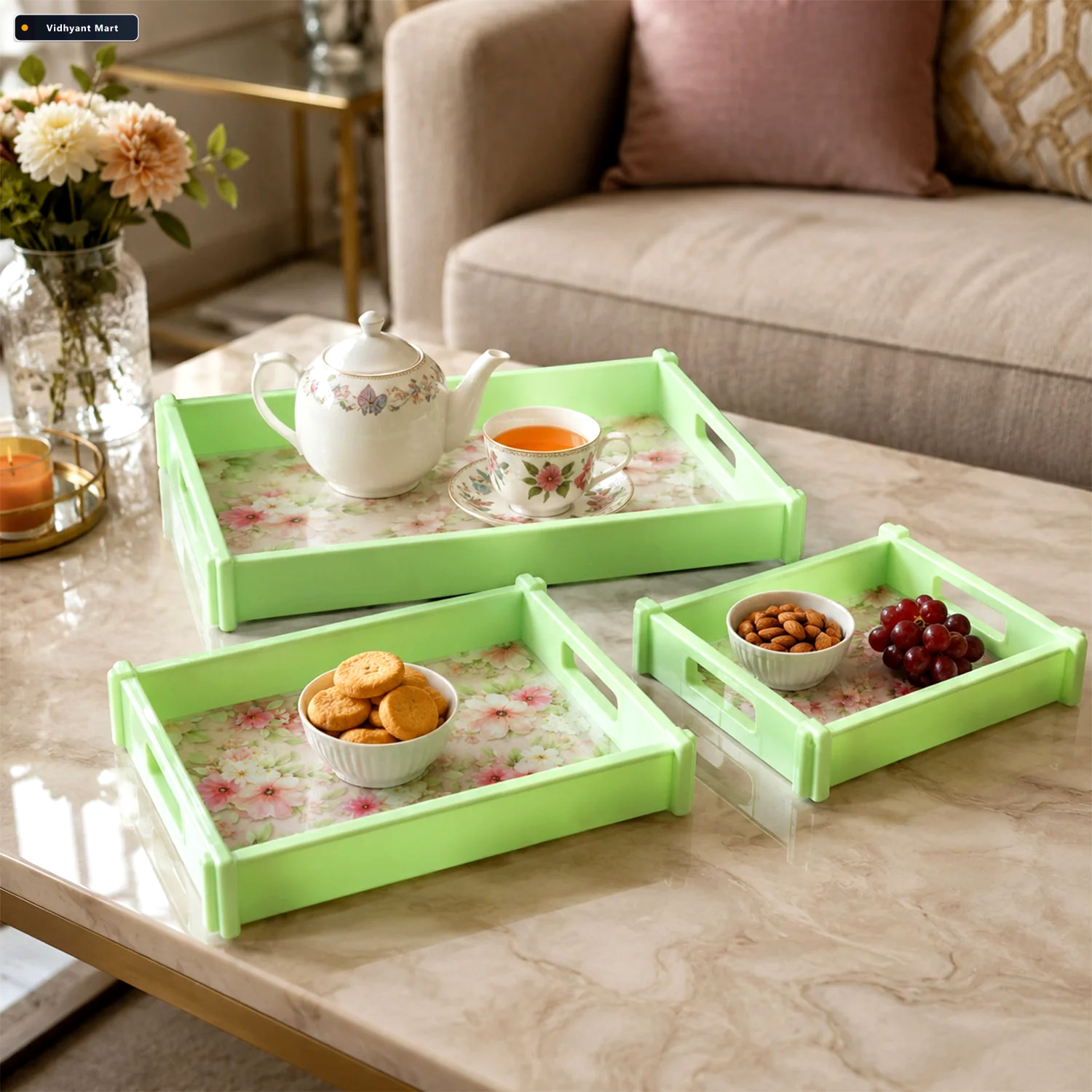 Vidhyant Mart Serving Tray Set Elegant Floral Design With Side H 1