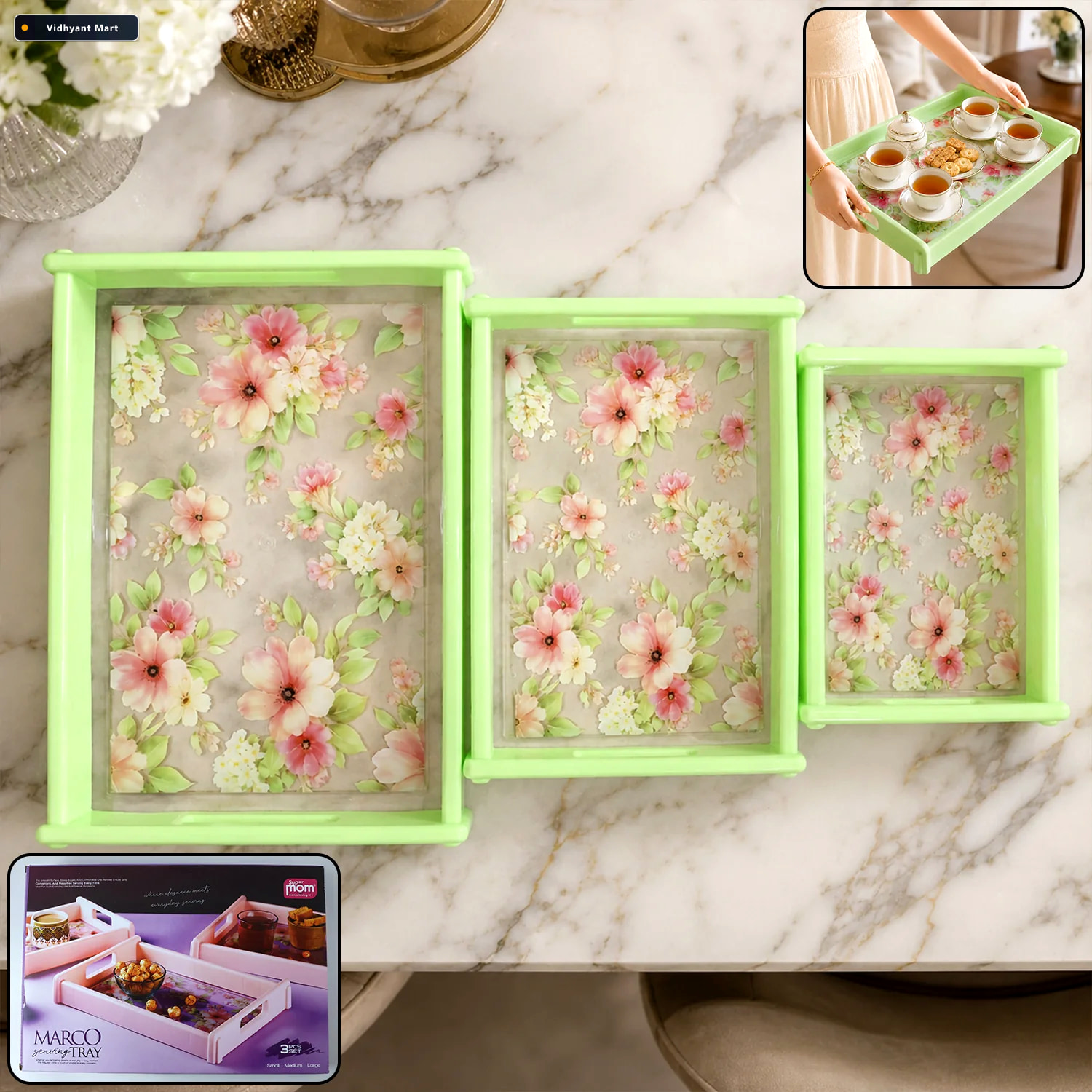 Vidhyant Mart Serving Tray Set Elegant Floral Design With Side H 2