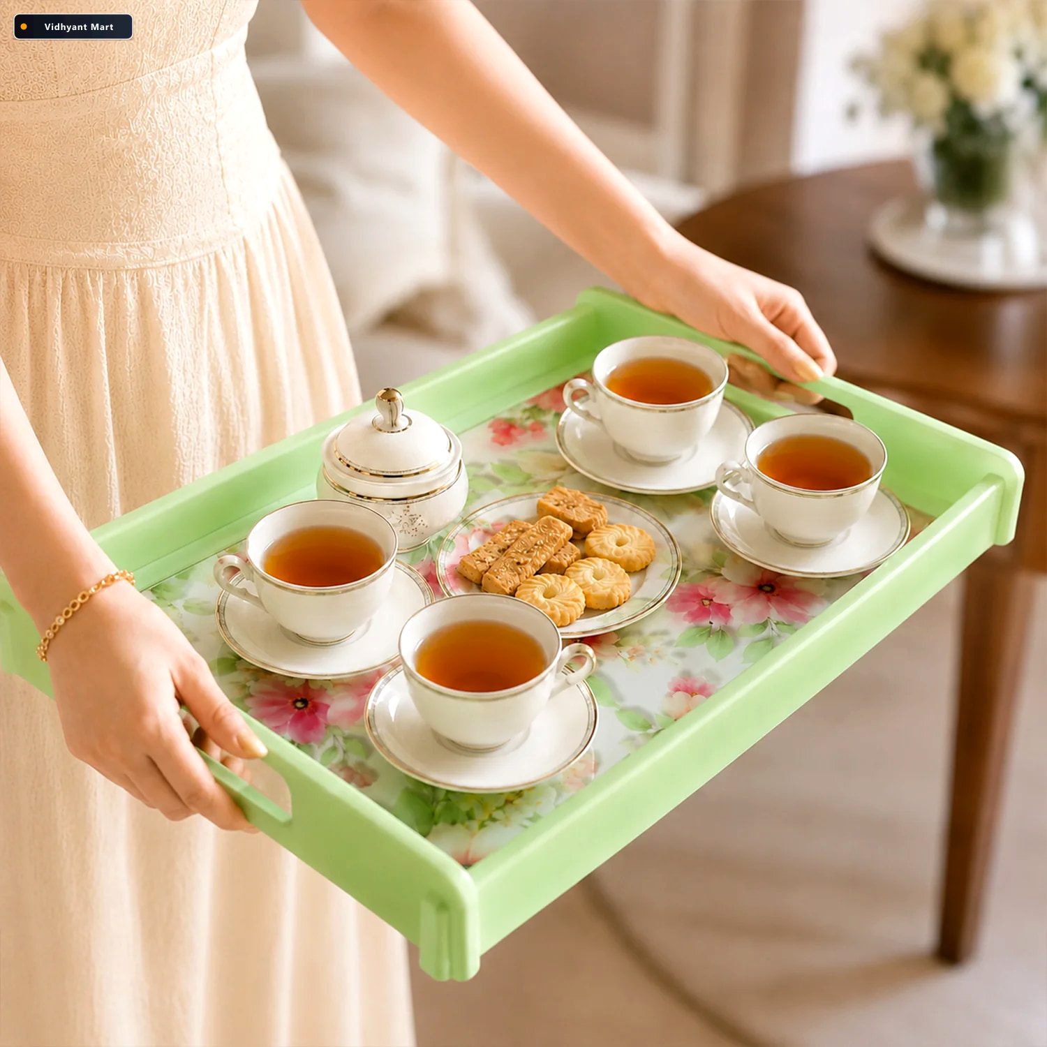 Vidhyant Mart Serving Tray Set Elegant Floral Design With Side H 3