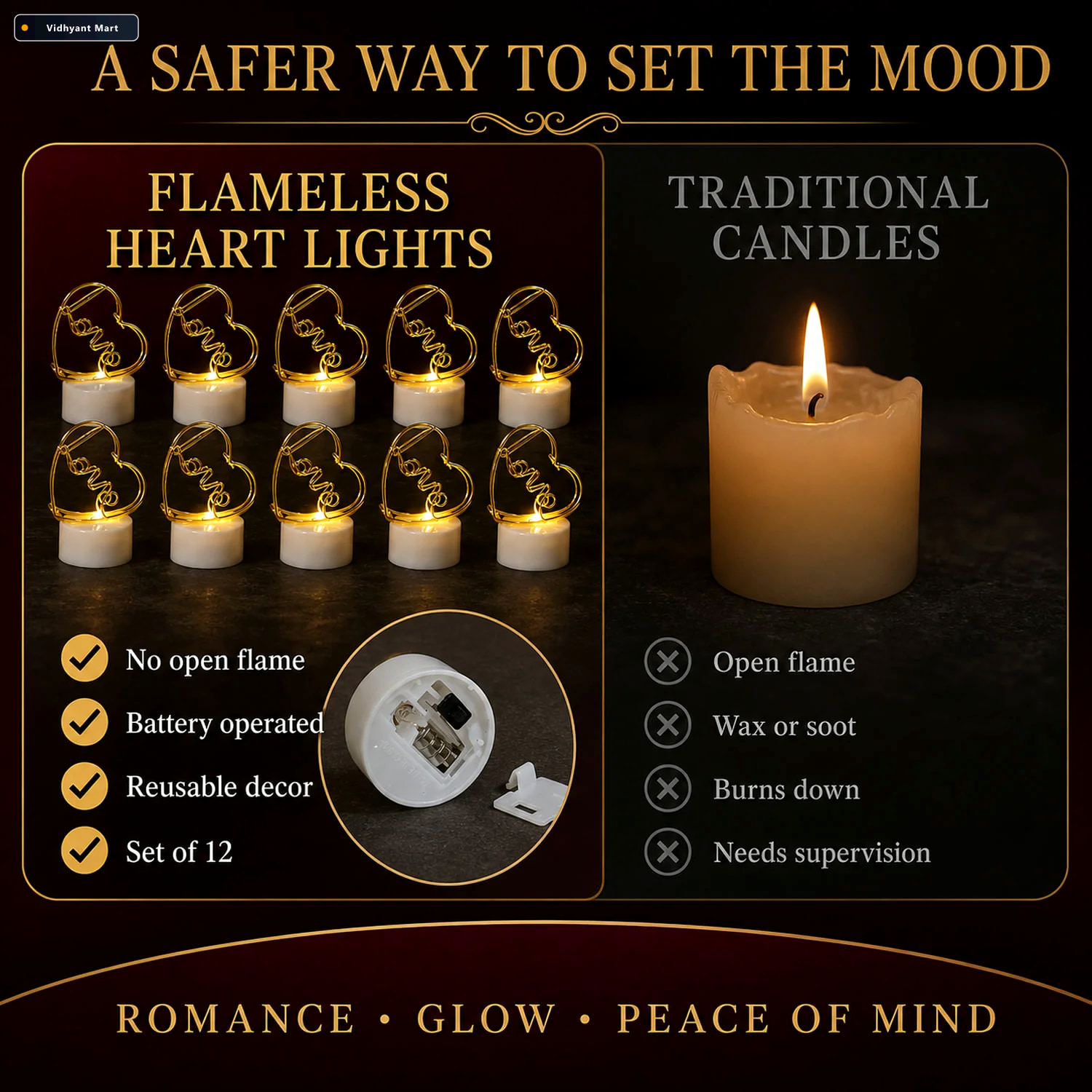 Vidhyant Mart Set Of 12 Multicolor Flameless Heart Led Candles F 4