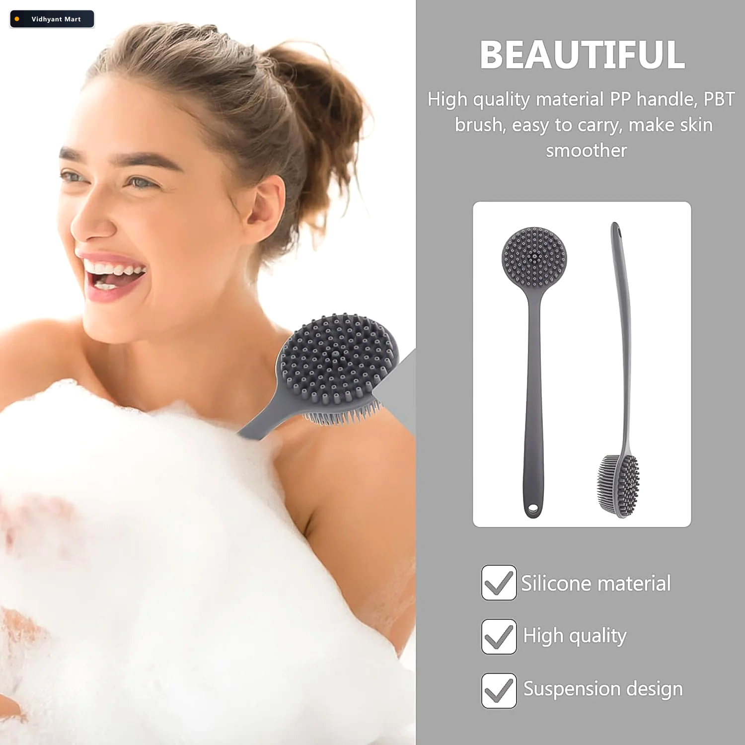 Vidhyant Mart Silicone Back Scrubber Brush Long Handle For Gentl 3