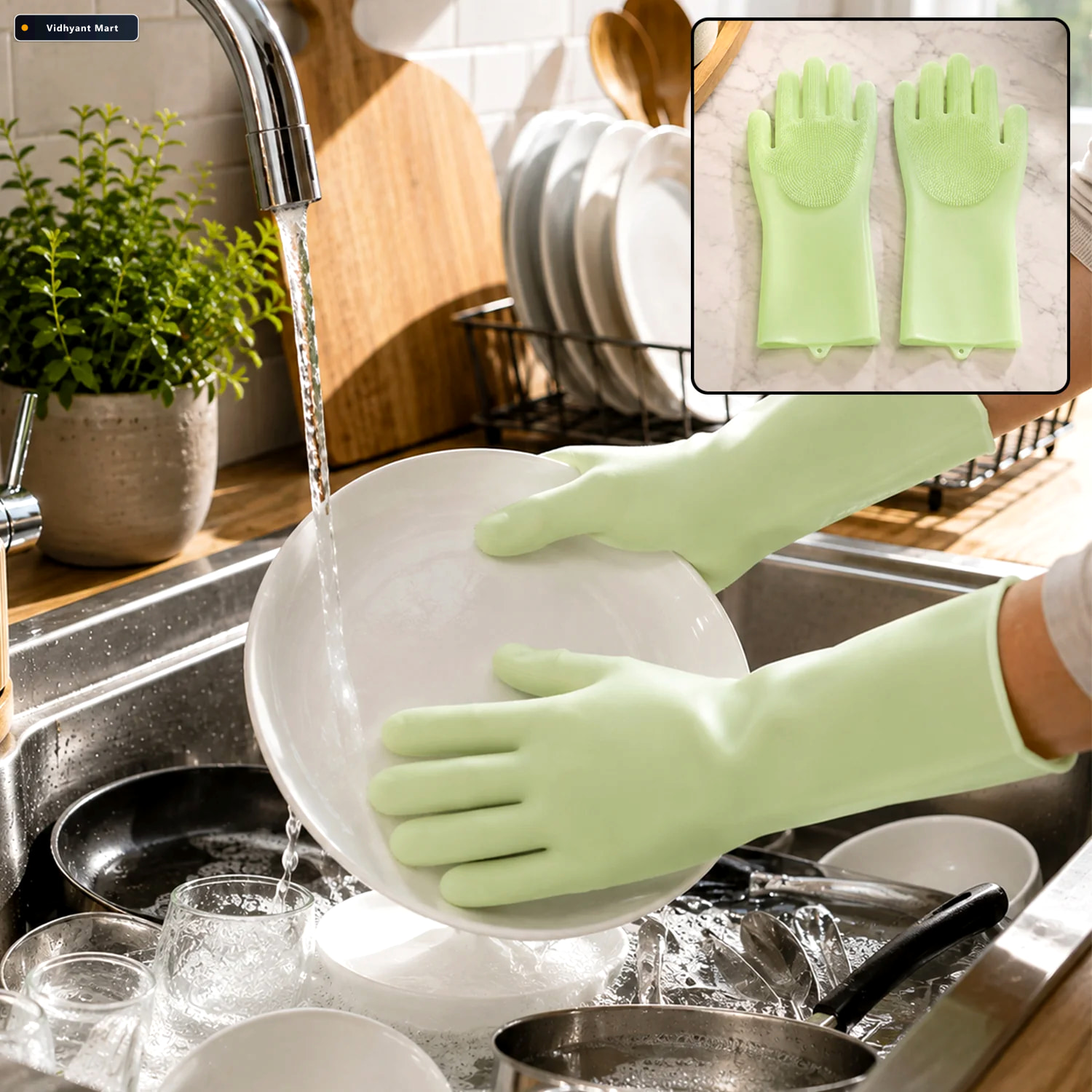 Vidhyant Mart Silicone Scrubber Cleaning Gloves For Kitchen Dish 1