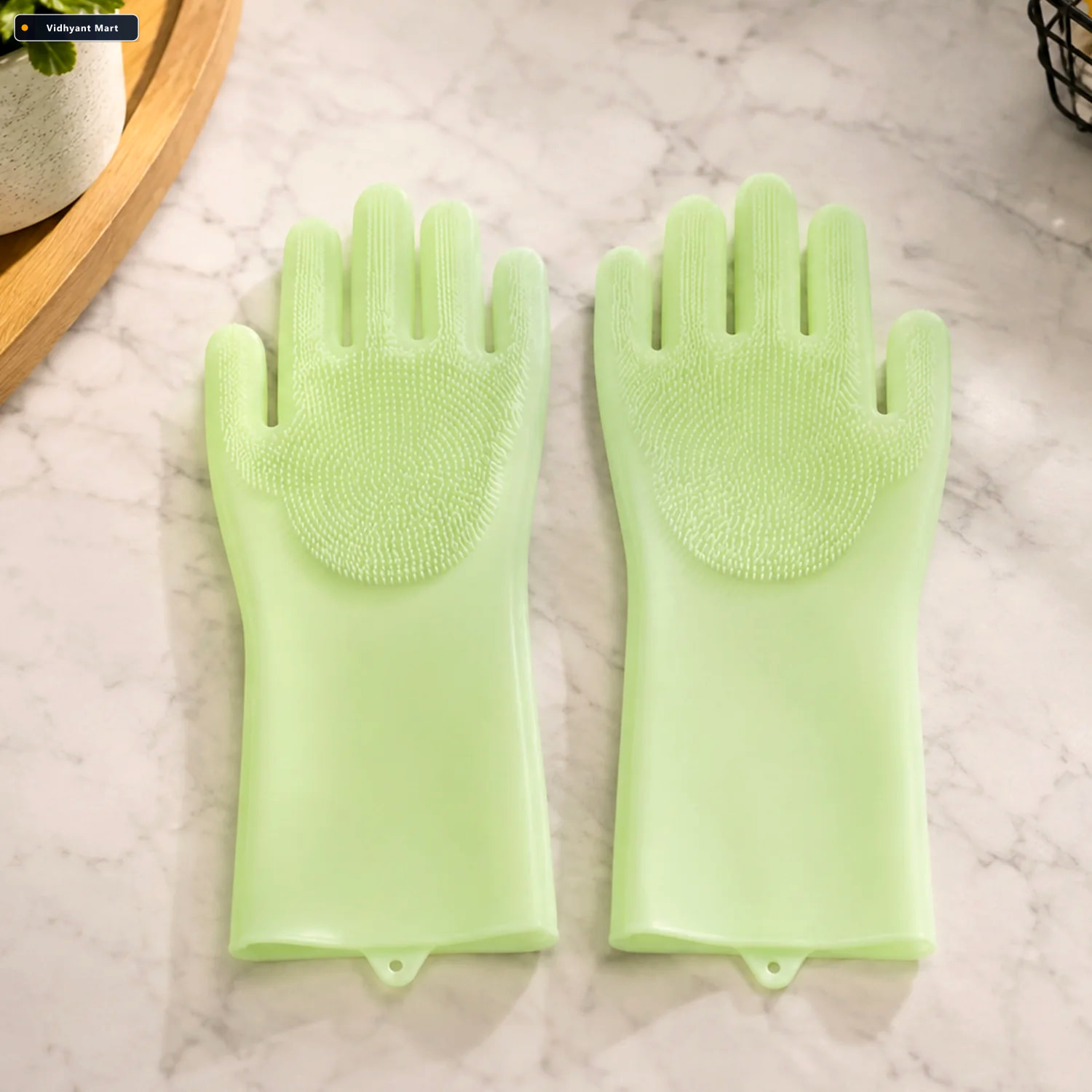 Vidhyant Mart Silicone Scrubber Cleaning Gloves For Kitchen Dish 4