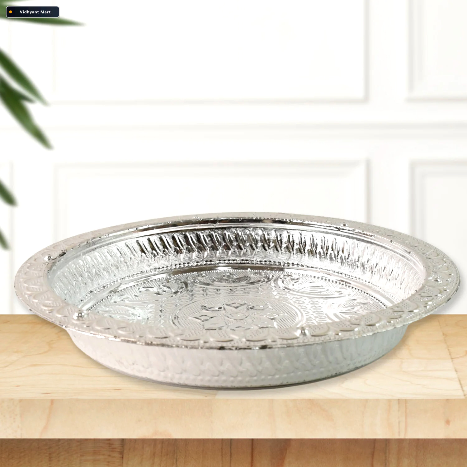 Vidhyant Mart Silver Finish Plastic Pooja Thali Lightweight Dura 2