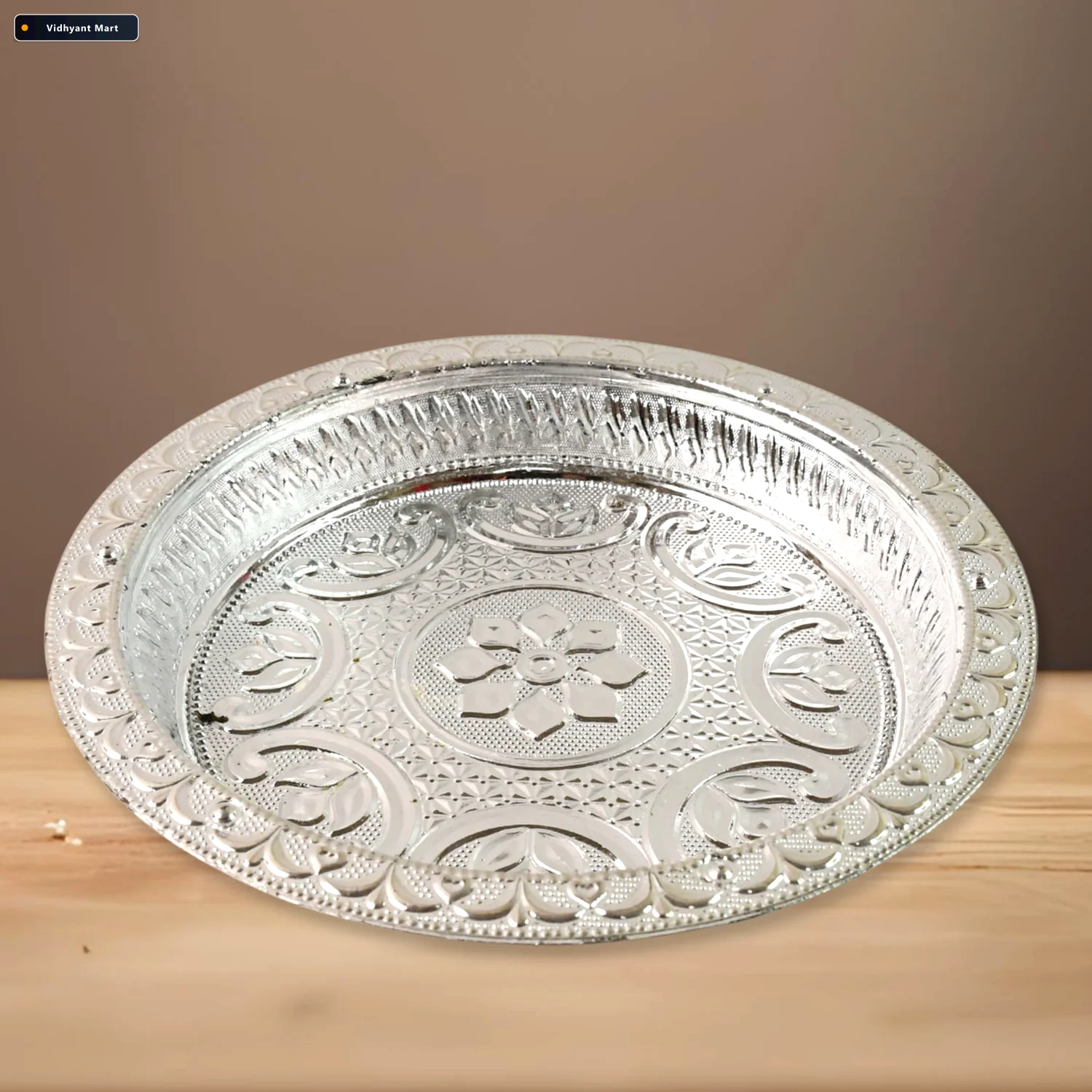 Vidhyant Mart Silver Finish Plastic Pooja Thali Lightweight Dura 3