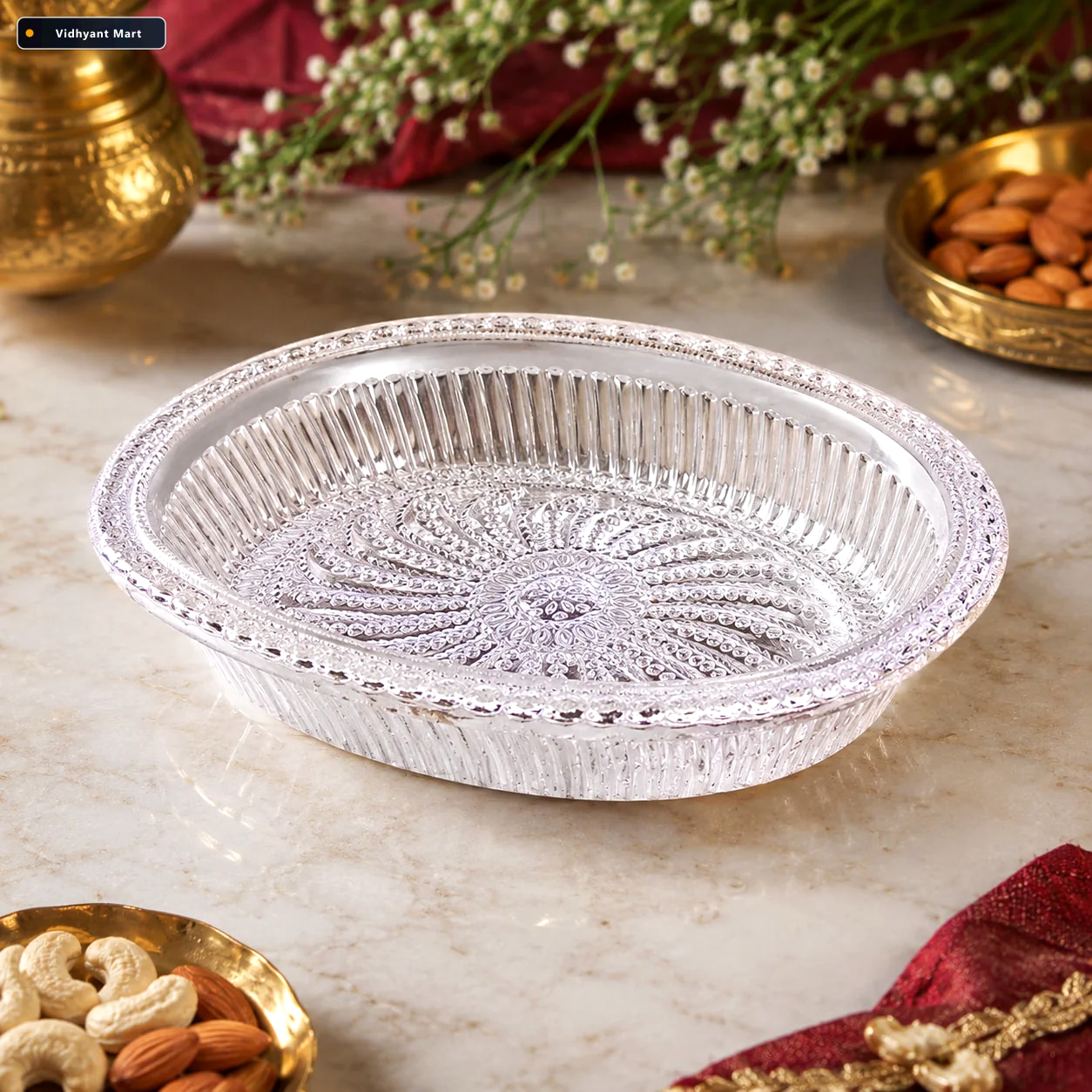 Vidhyant Mart Silver Gift Tray Royal Design Oval Decorative Jiaq 1