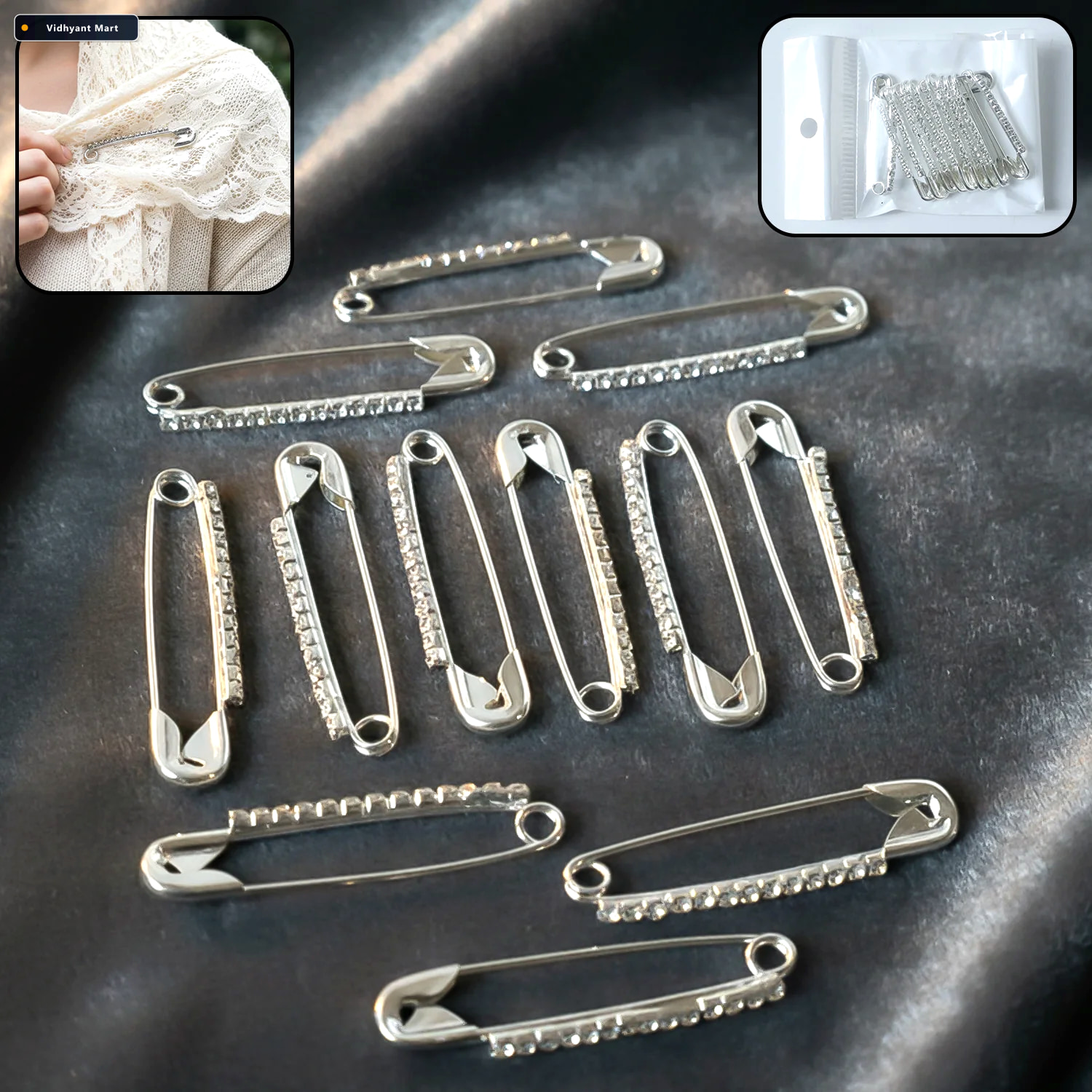 Vidhyant Mart Silver Safety Pin Brooch Set Elegant Crystal Accen 1