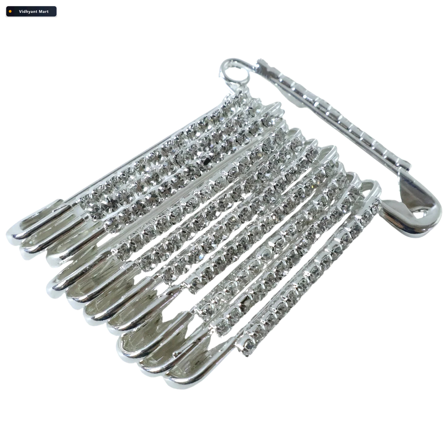 Vidhyant Mart Silver Safety Pin Brooch Set Elegant Crystal Accen 4