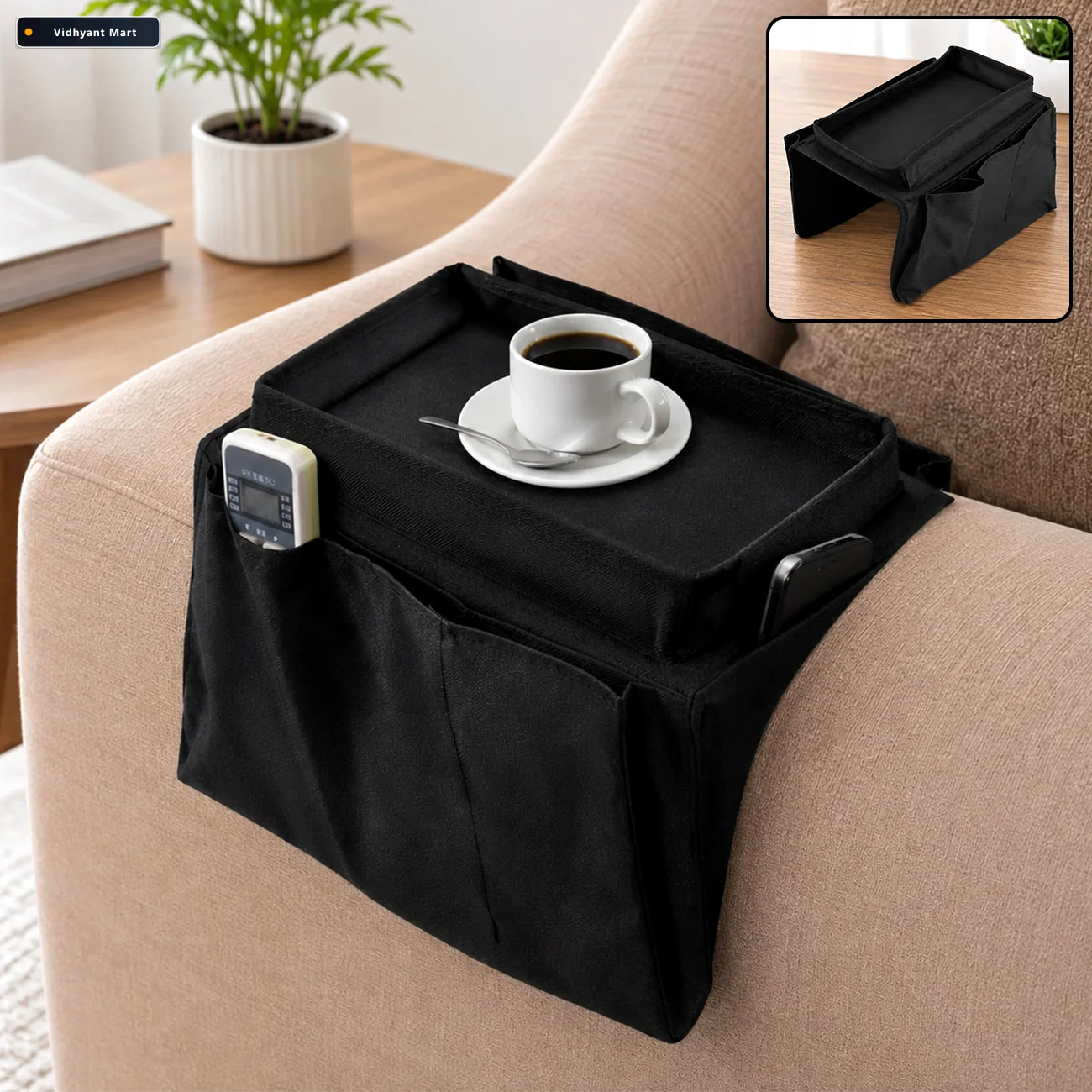 Vidhyant Mart Sofa Armrest Organizer Black Storage Caddy With Tr 1