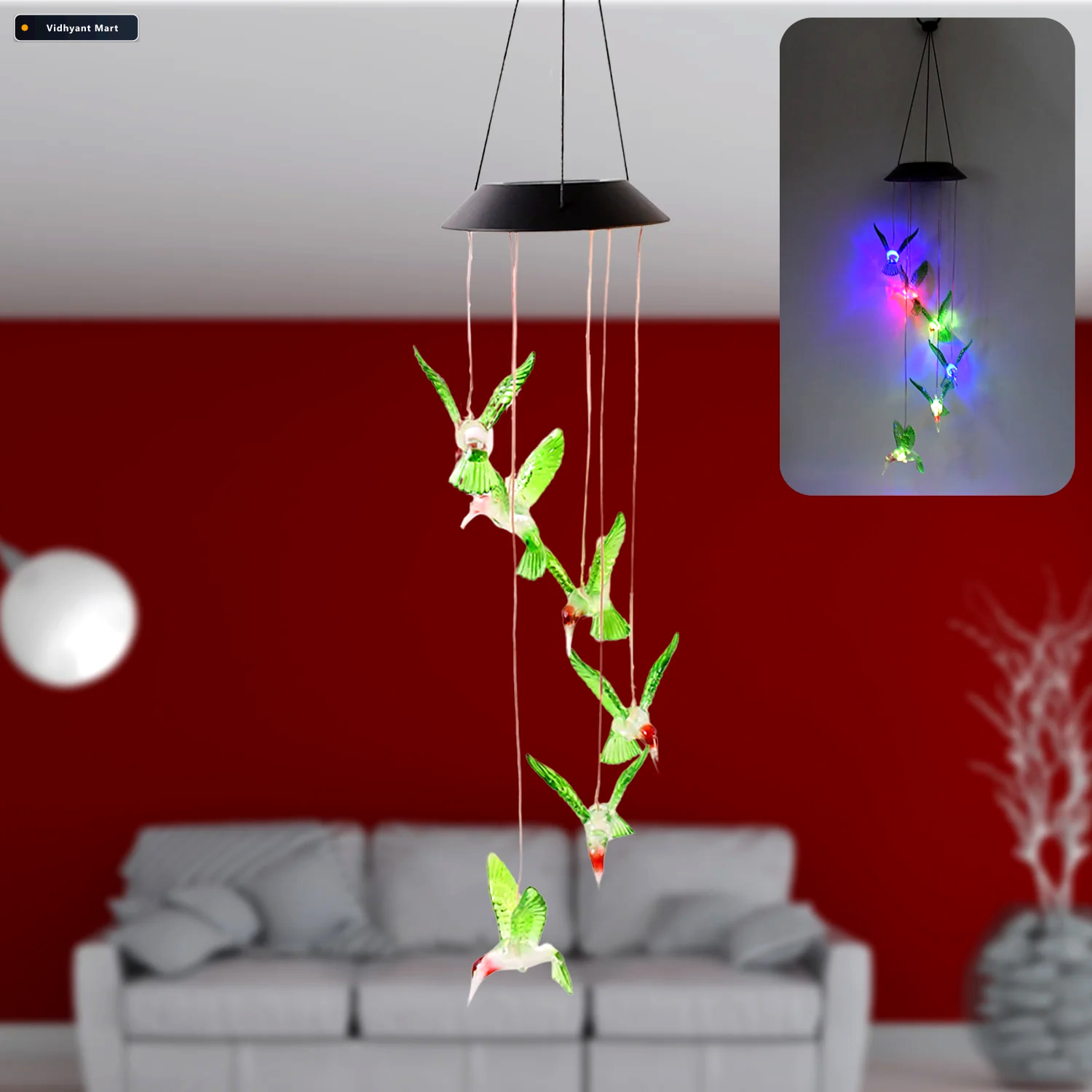 Vidhyant Mart Solar Hummingbird Wind Chimes Colorful Led Garden 1