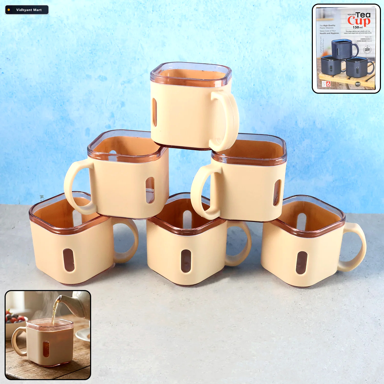 Vidhyant Mart Square Tea Cup Set Premium 6 Piece Lightweight 150 1