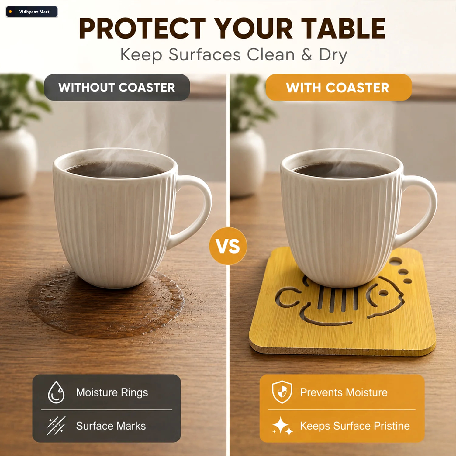 Vidhyant Mart Square Wooden Coaster With Cut Out Design For Tea 2