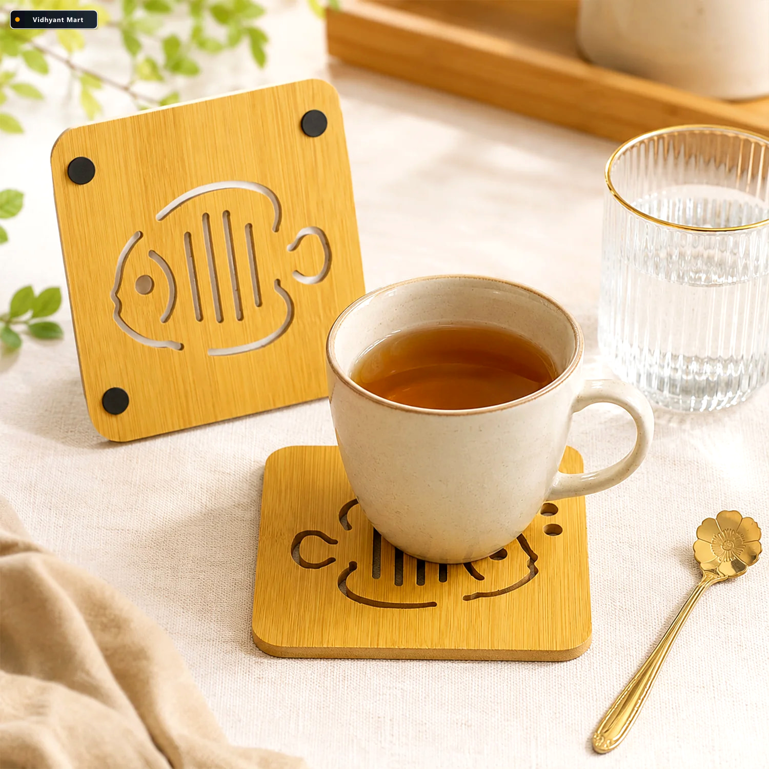 Vidhyant Mart Square Wooden Coaster With Cut Out Design For Tea 3