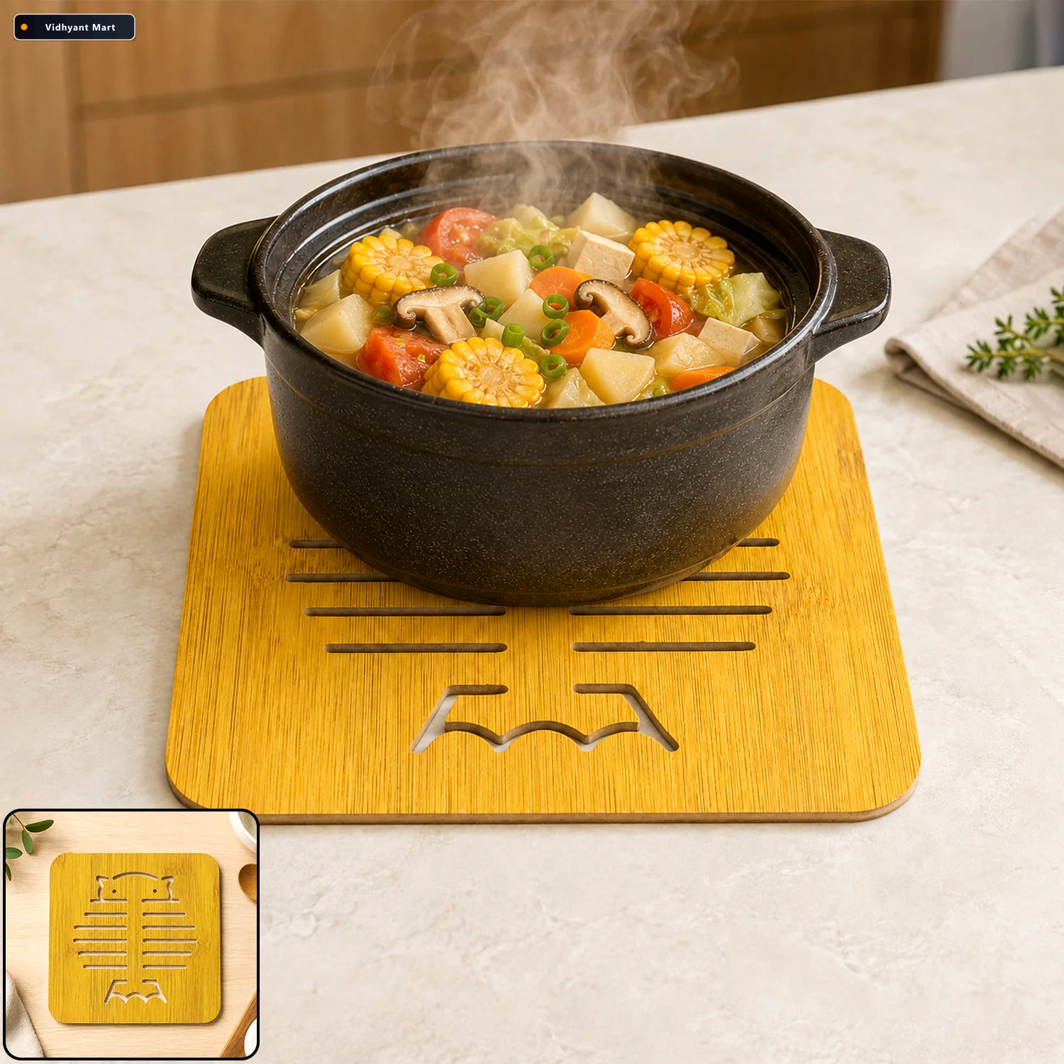Vidhyant Mart Square Wooden Trivet Mat With Cut Out Design For H 1