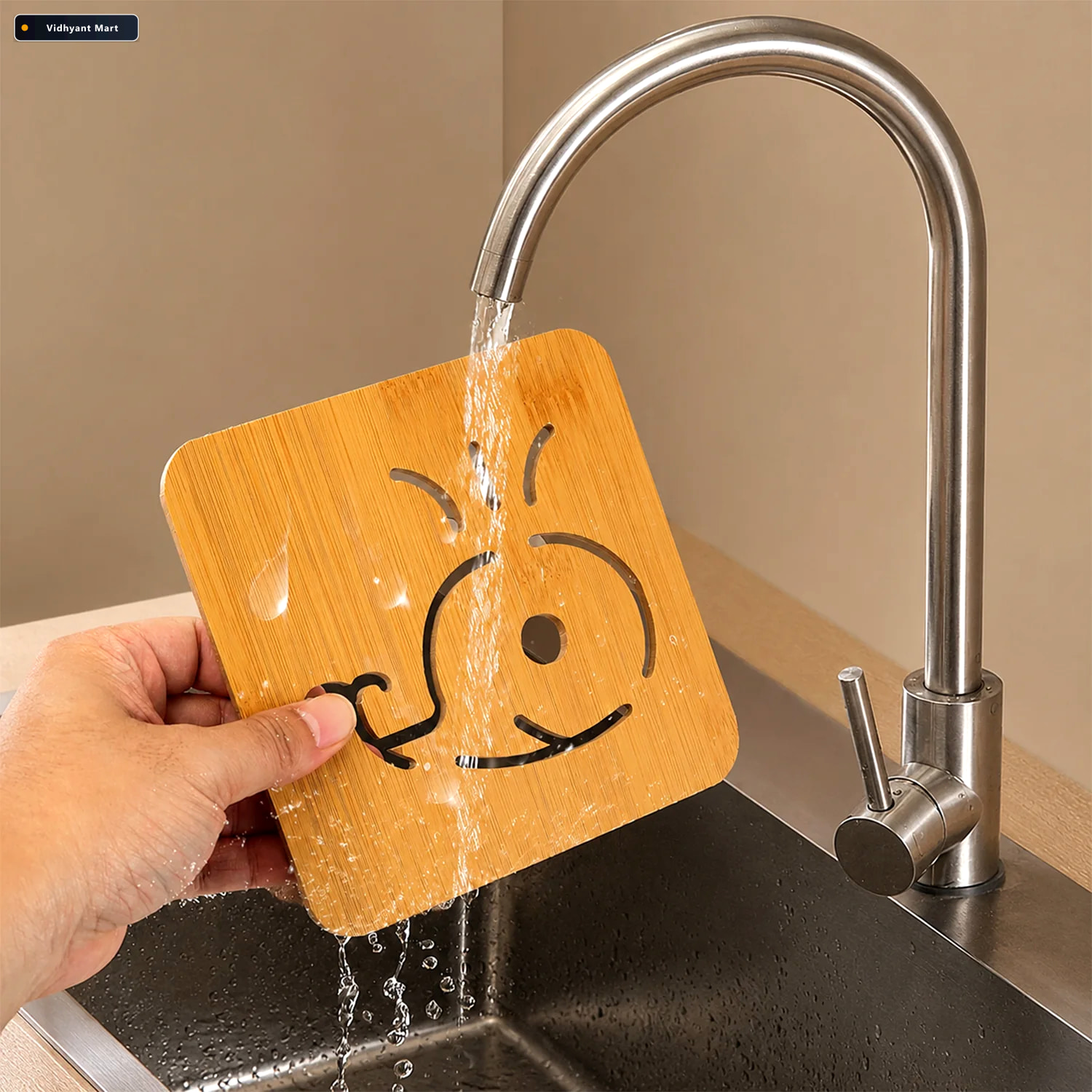 Vidhyant Mart Square Wooden Whale Design Drink Coaster With Anti 3