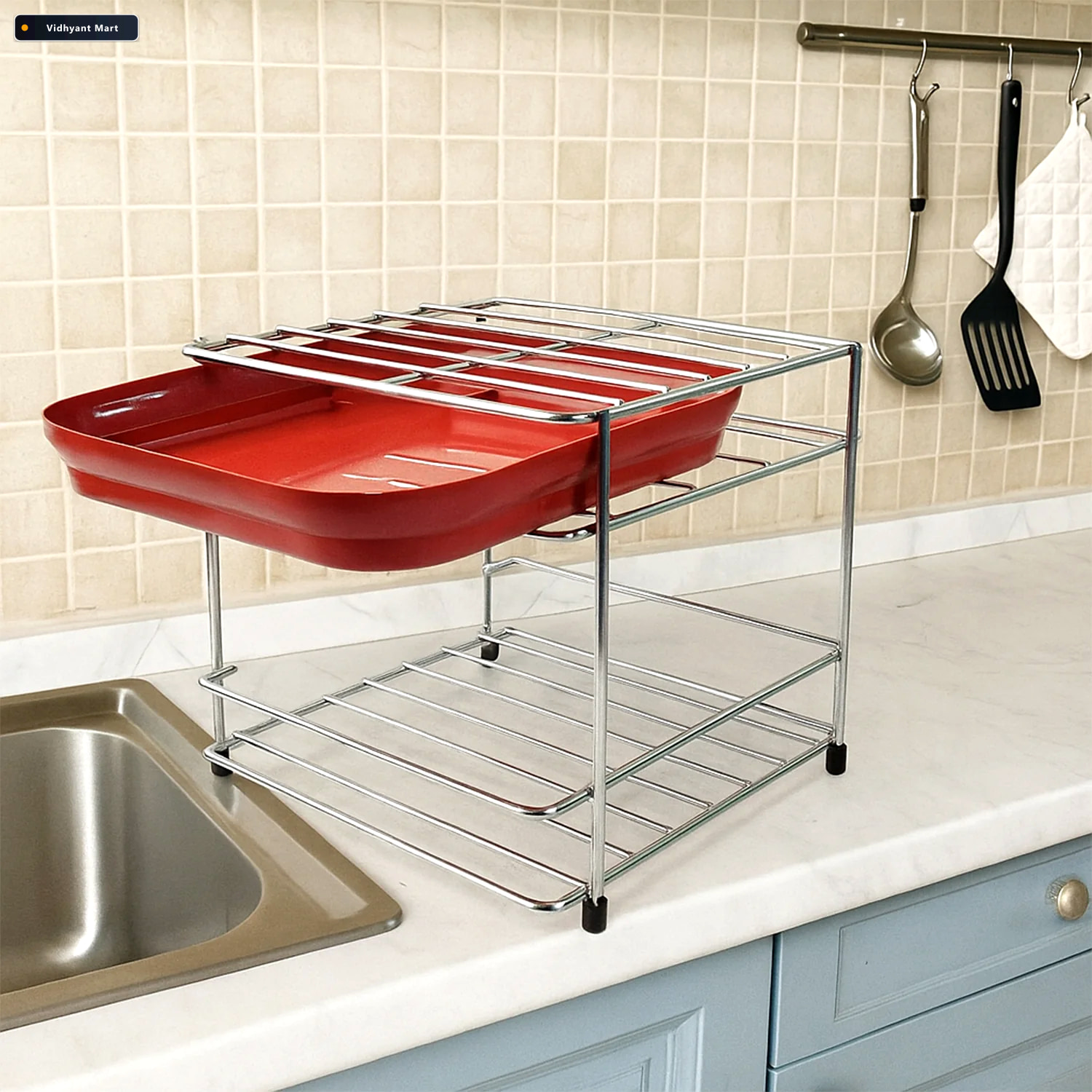 Vidhyant Mart Stainless Steel 2 Tier Kitchen Utensil Storage Sta 2