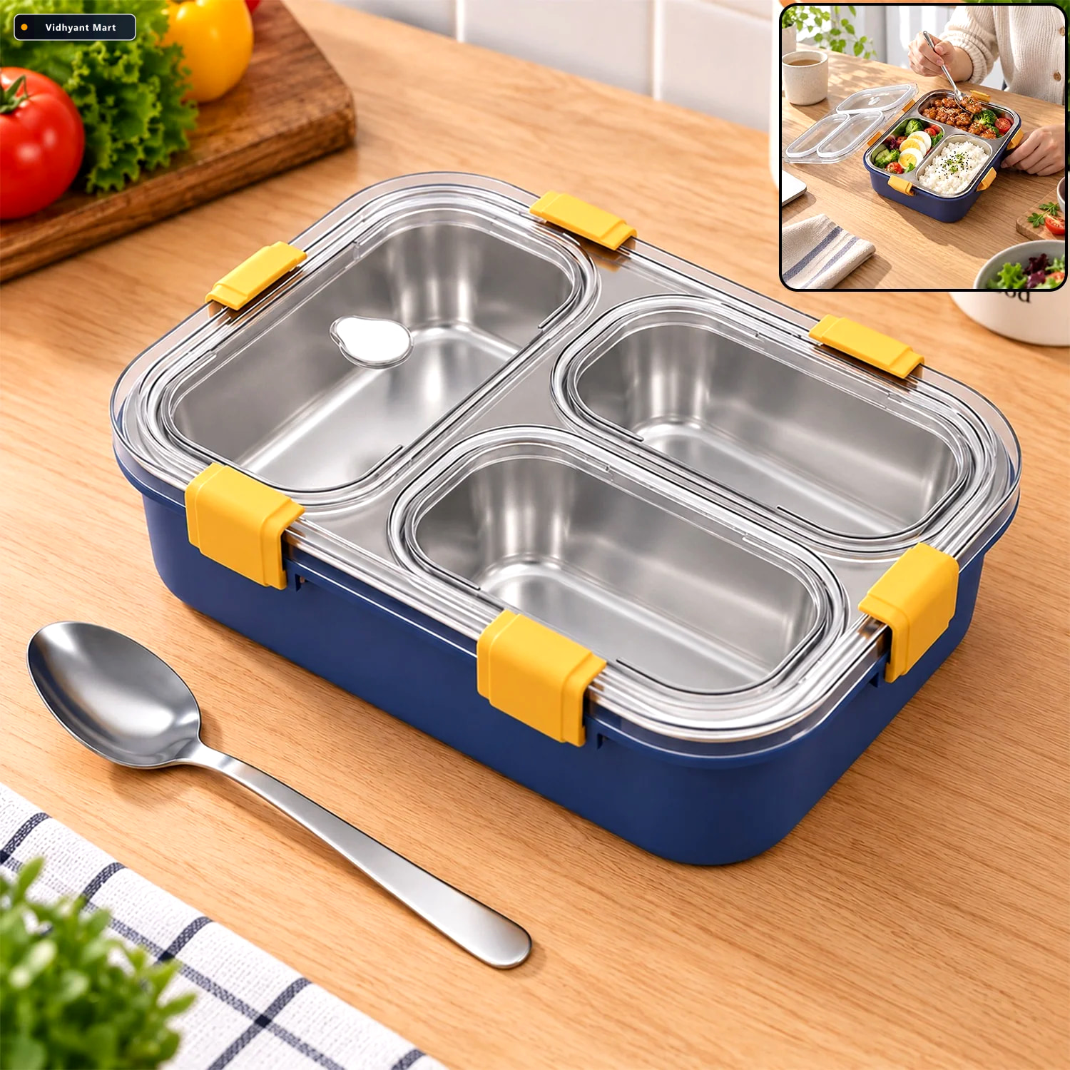 Vidhyant Mart Stainless Steel 3 Compartment Lunch Box For Office 1