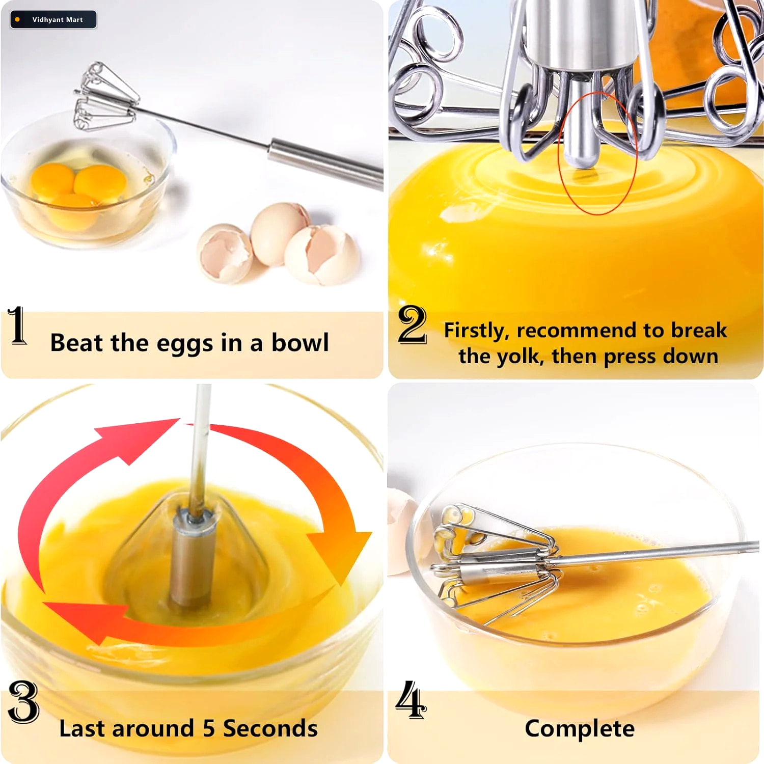 Vidhyant Mart Stainless Steel Egg Whisk Hand Push Rotary Blender 2
