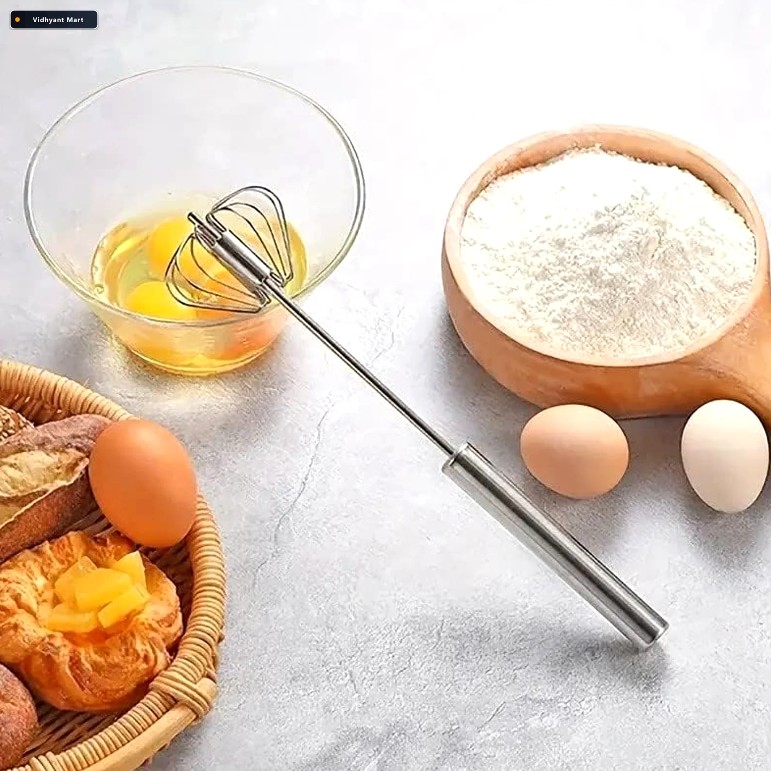 Vidhyant Mart Stainless Steel Egg Whisk Hand Push Rotary Blender 3
