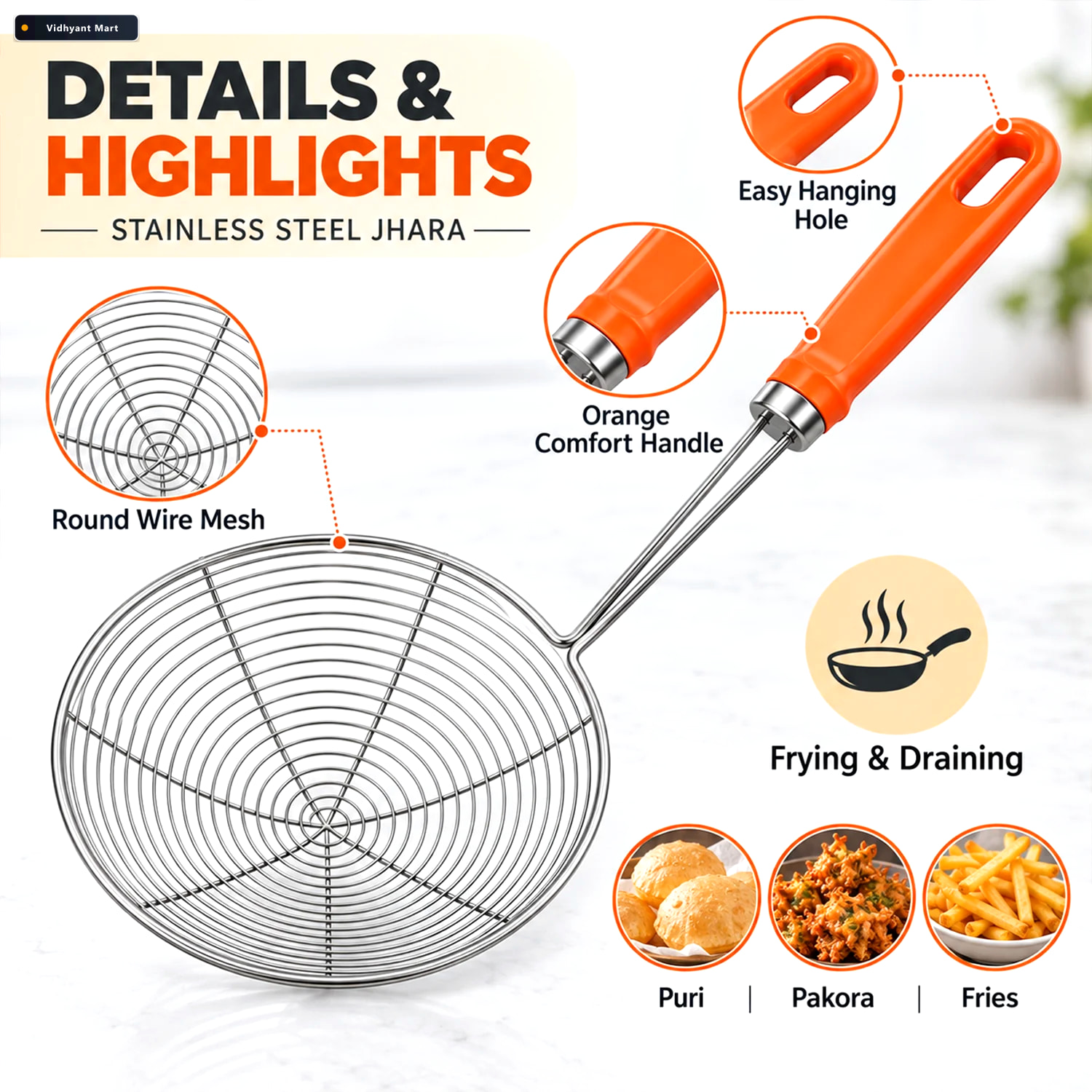 Vidhyant Mart Stainless Steel Frying Strainer Spoon For Puri And 3