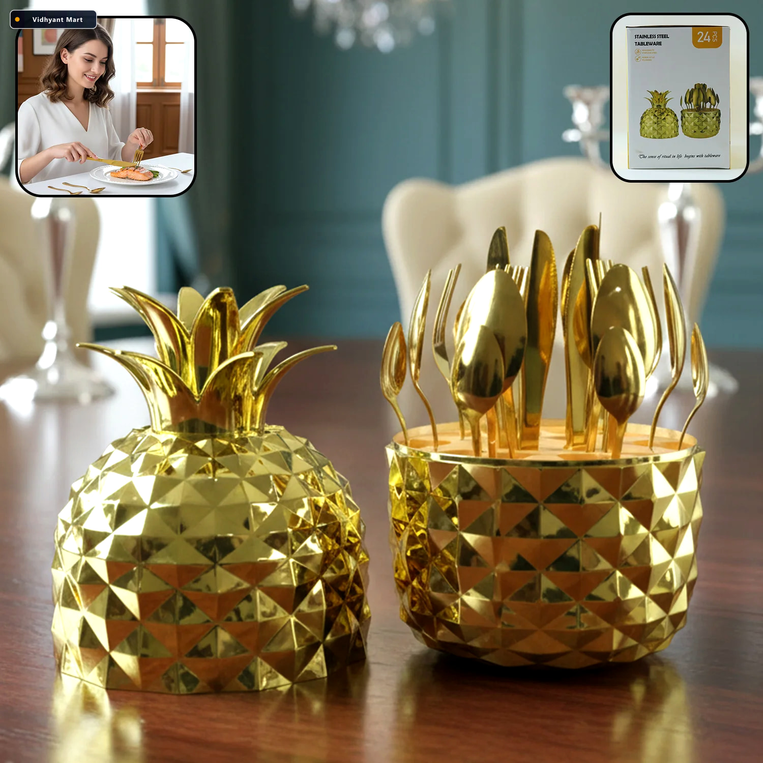 Vidhyant Mart Stainless Steel Golden Cutlery Set Pineapple Stand 1