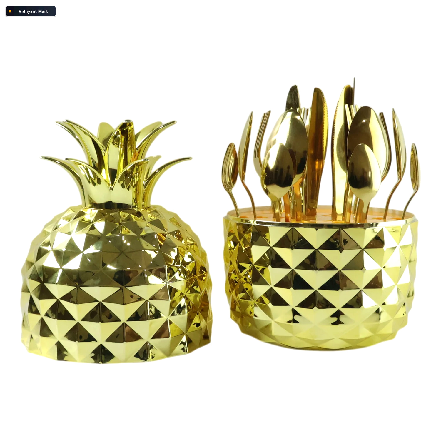 Vidhyant Mart Stainless Steel Golden Cutlery Set Pineapple Stand 3