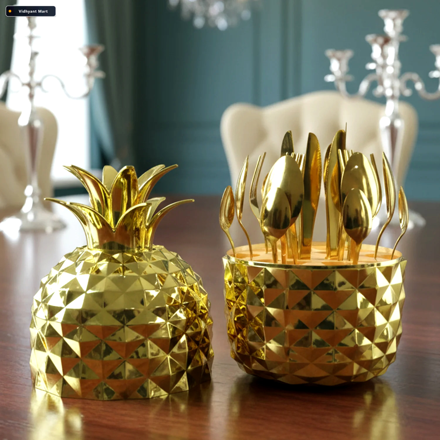Vidhyant Mart Stainless Steel Golden Cutlery Set Pineapple Stand 4