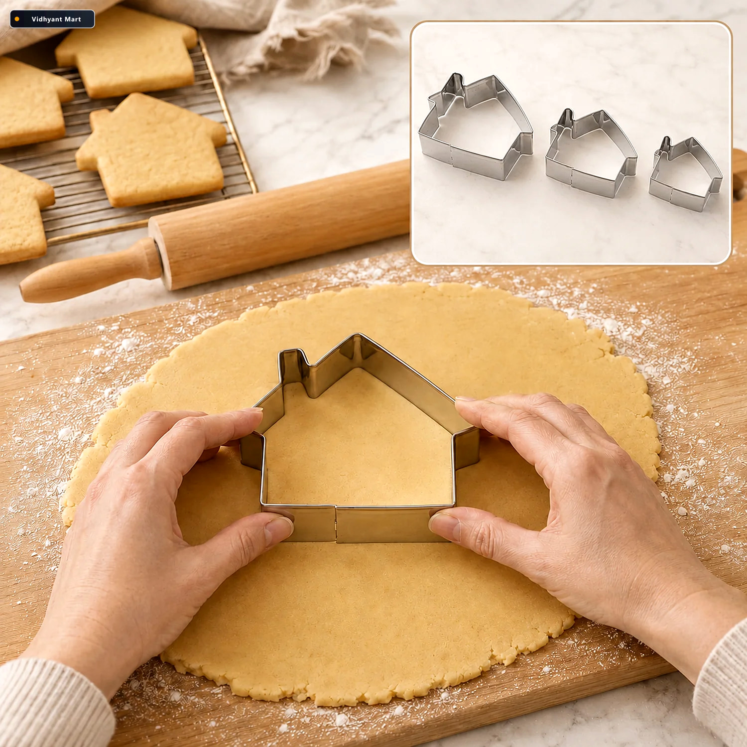 Vidhyant Mart Stainless Steel House Shape Cookie Cutter Set 3 Du 1