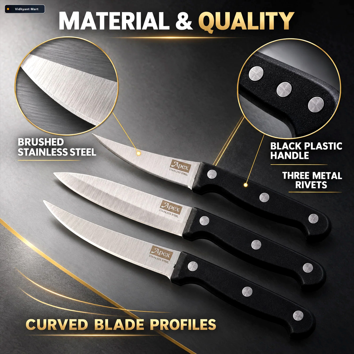 Vidhyant Mart Stainless Steel Kitchen Knife Set With Riveted Han 2