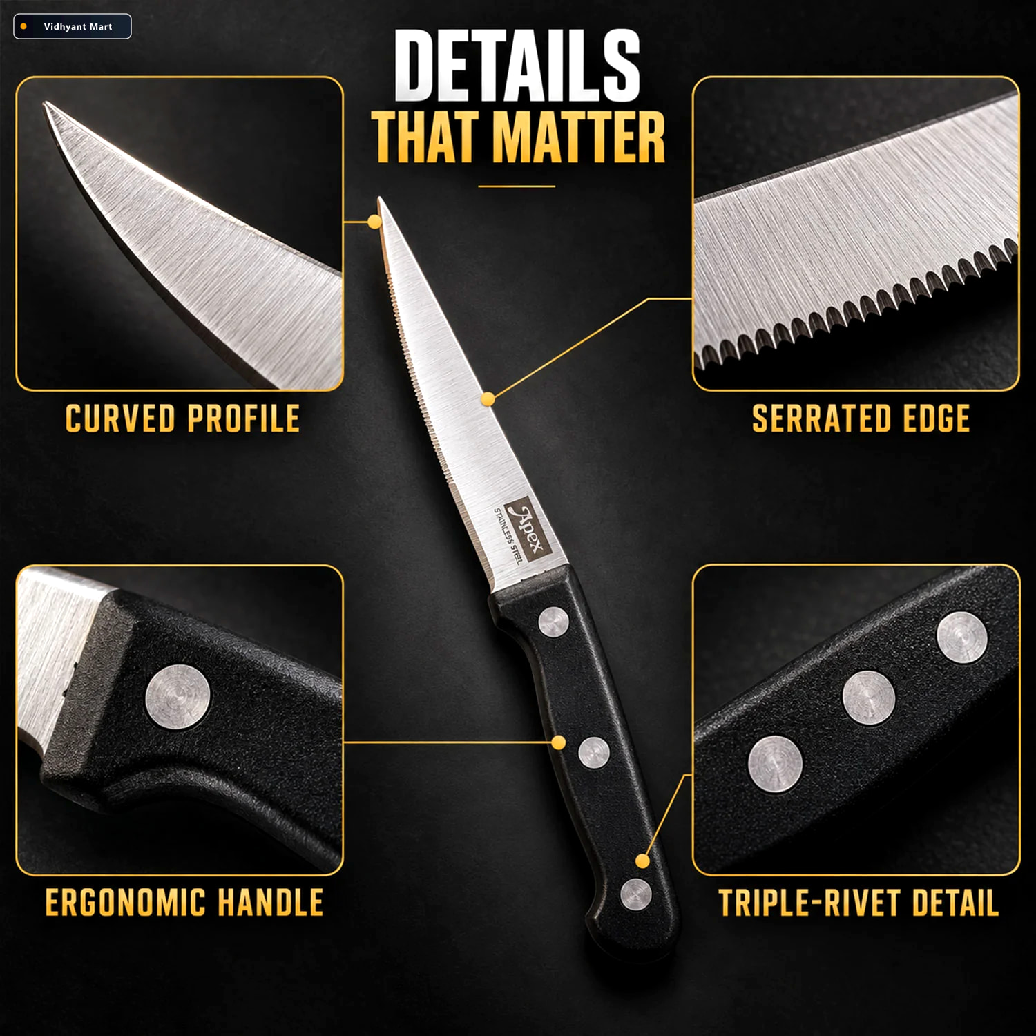 Vidhyant Mart Stainless Steel Kitchen Knife Set With Riveted Han 3