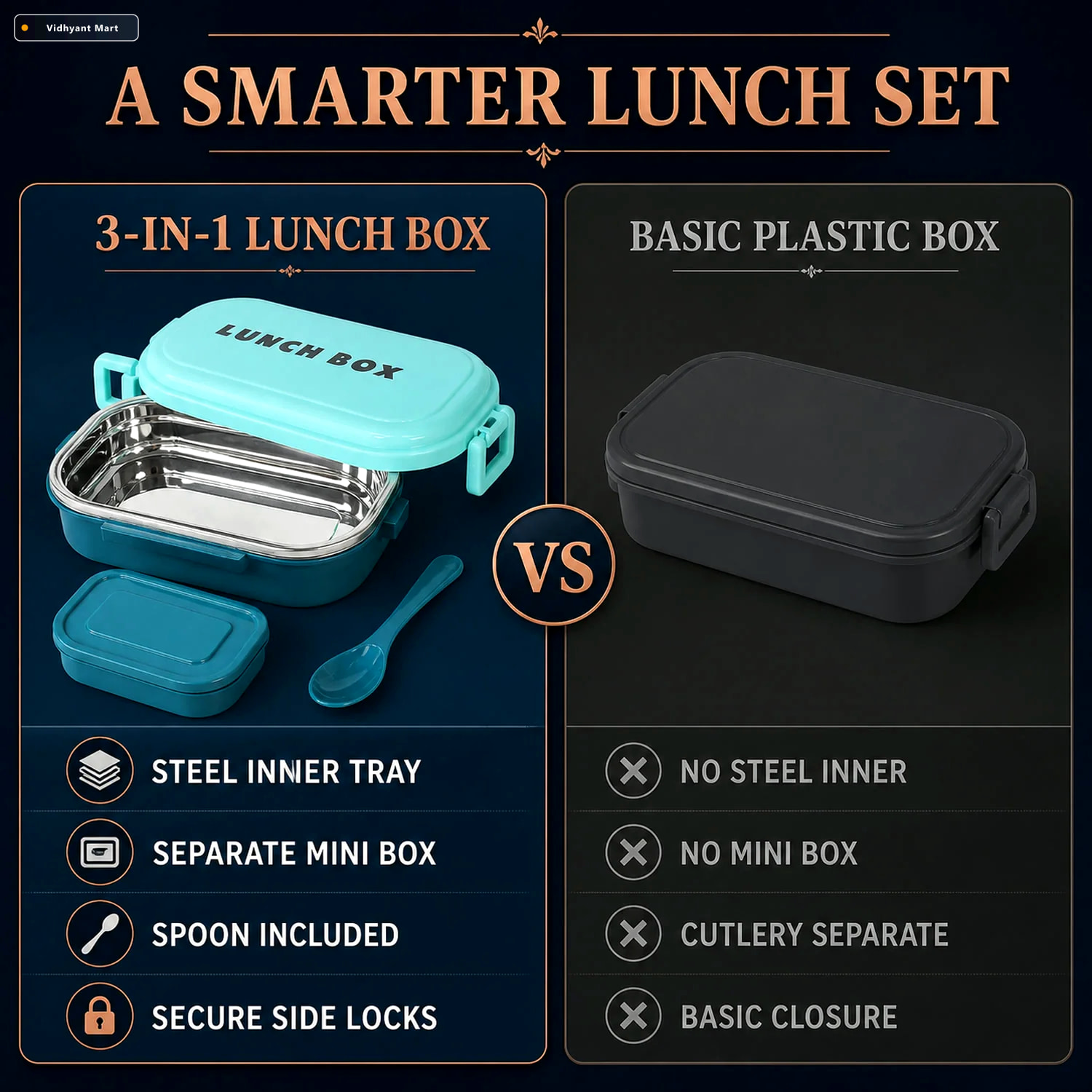 Vidhyant Mart Stainless Steel Lunch Box 3 In 1 Leakproof Set Lun 3