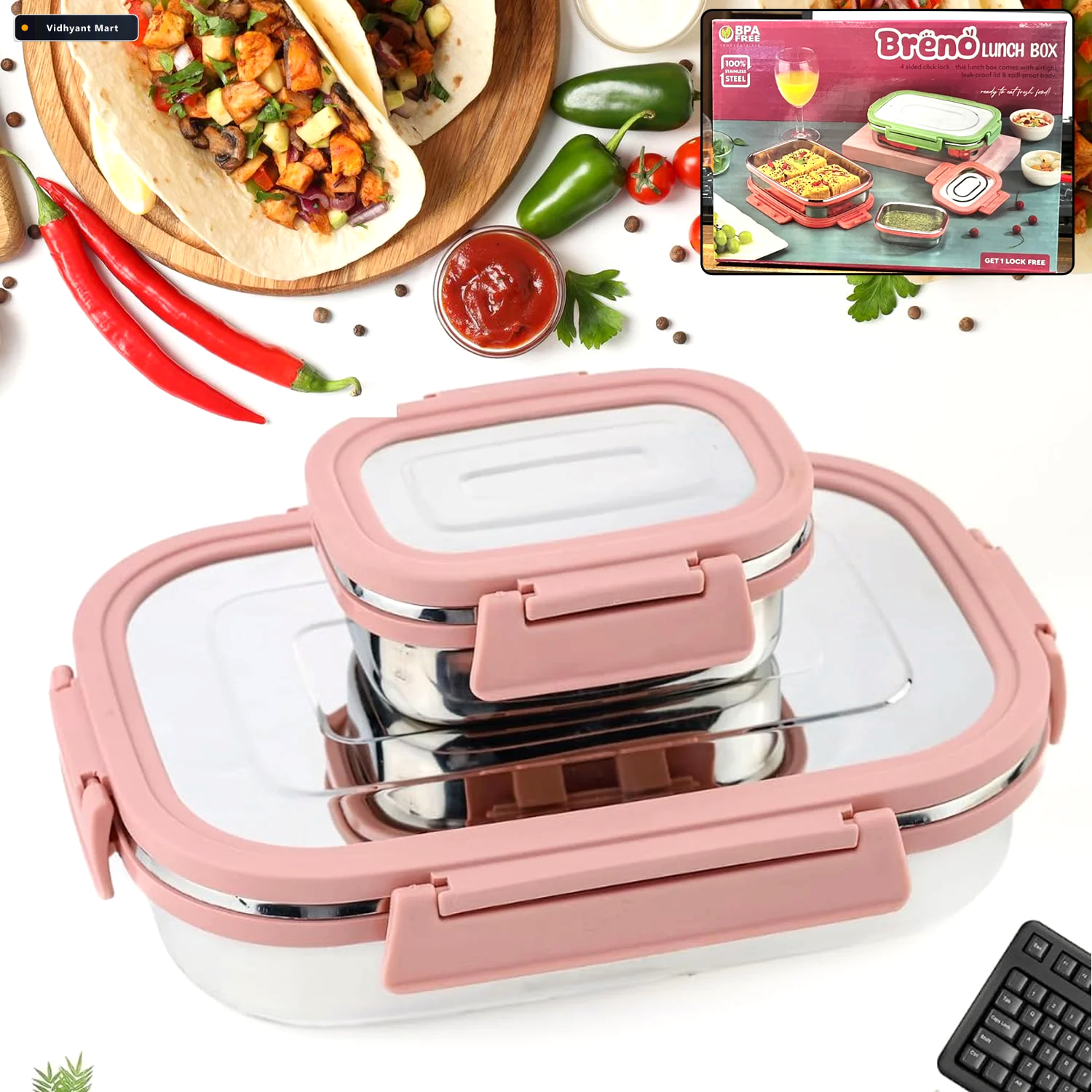 Vidhyant Mart Stainless Steel Lunch Box Leak Proof 2pc Set Lunch 1