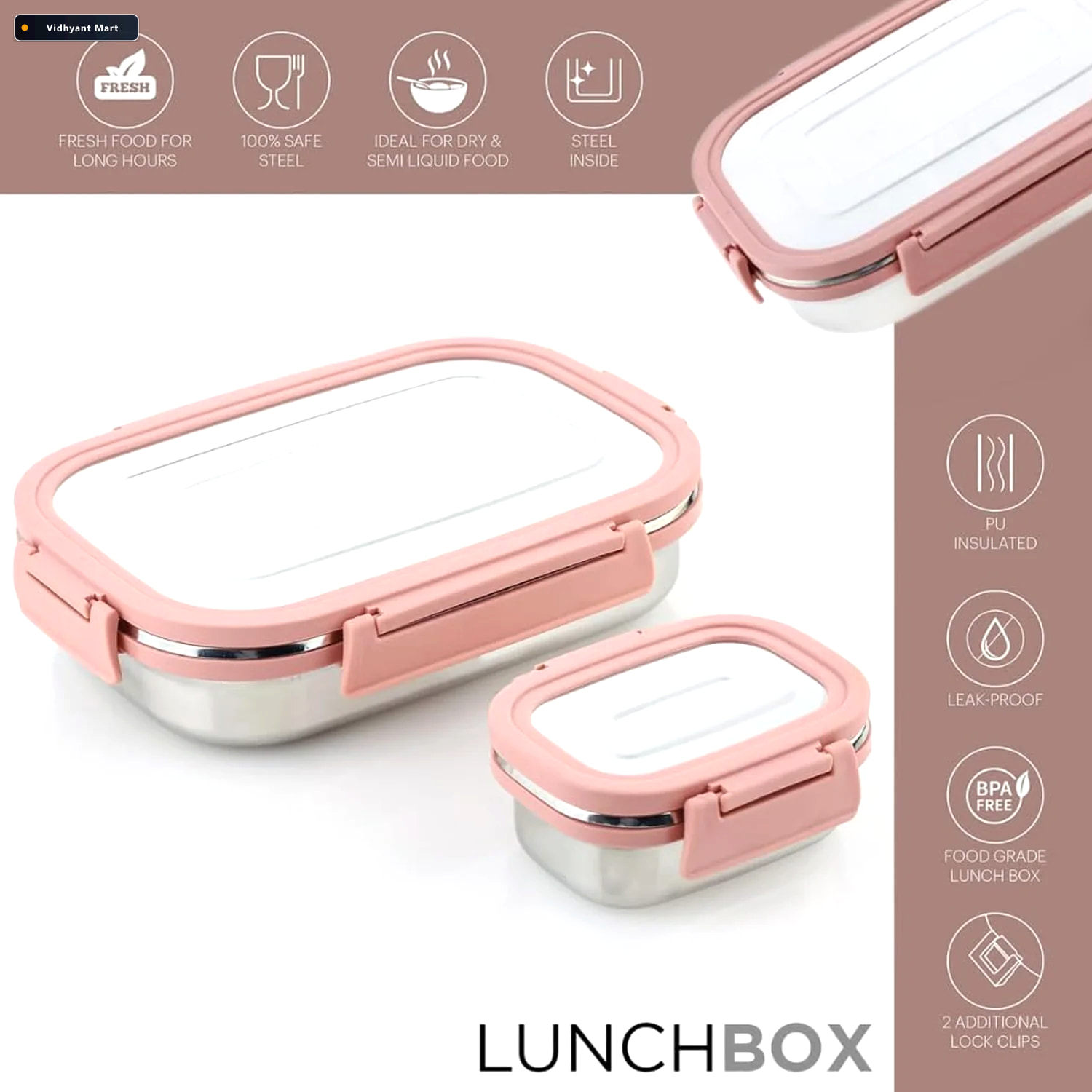 Vidhyant Mart Stainless Steel Lunch Box Leak Proof 2pc Set Lunch 3
