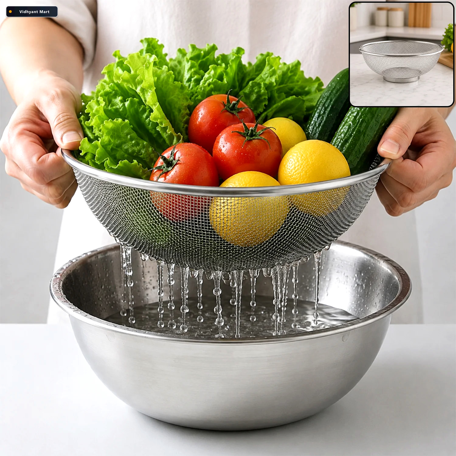 Vidhyant Mart Stainless Steel Mesh Strainer Bowl Colander For Ri 1