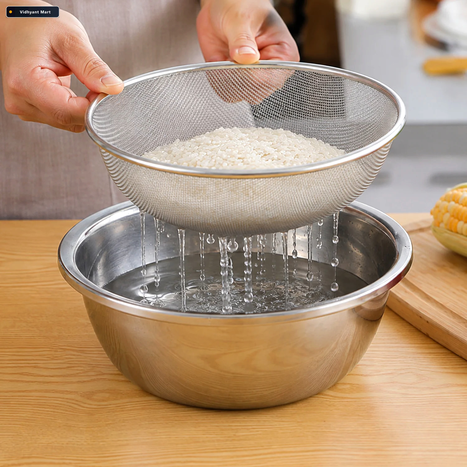 Vidhyant Mart Stainless Steel Mesh Strainer Bowl Colander For Ri 2