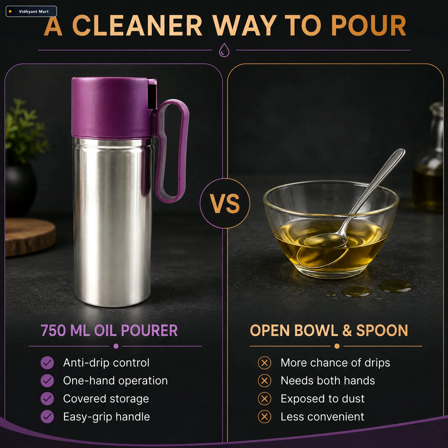 Vidhyant Mart Stainless Steel Oil Pourer 750ml Anti Drip Dispens 2