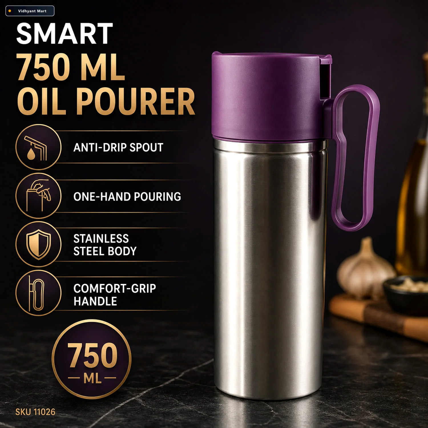 Vidhyant Mart Stainless Steel Oil Pourer 750ml Anti Drip Dispens 3