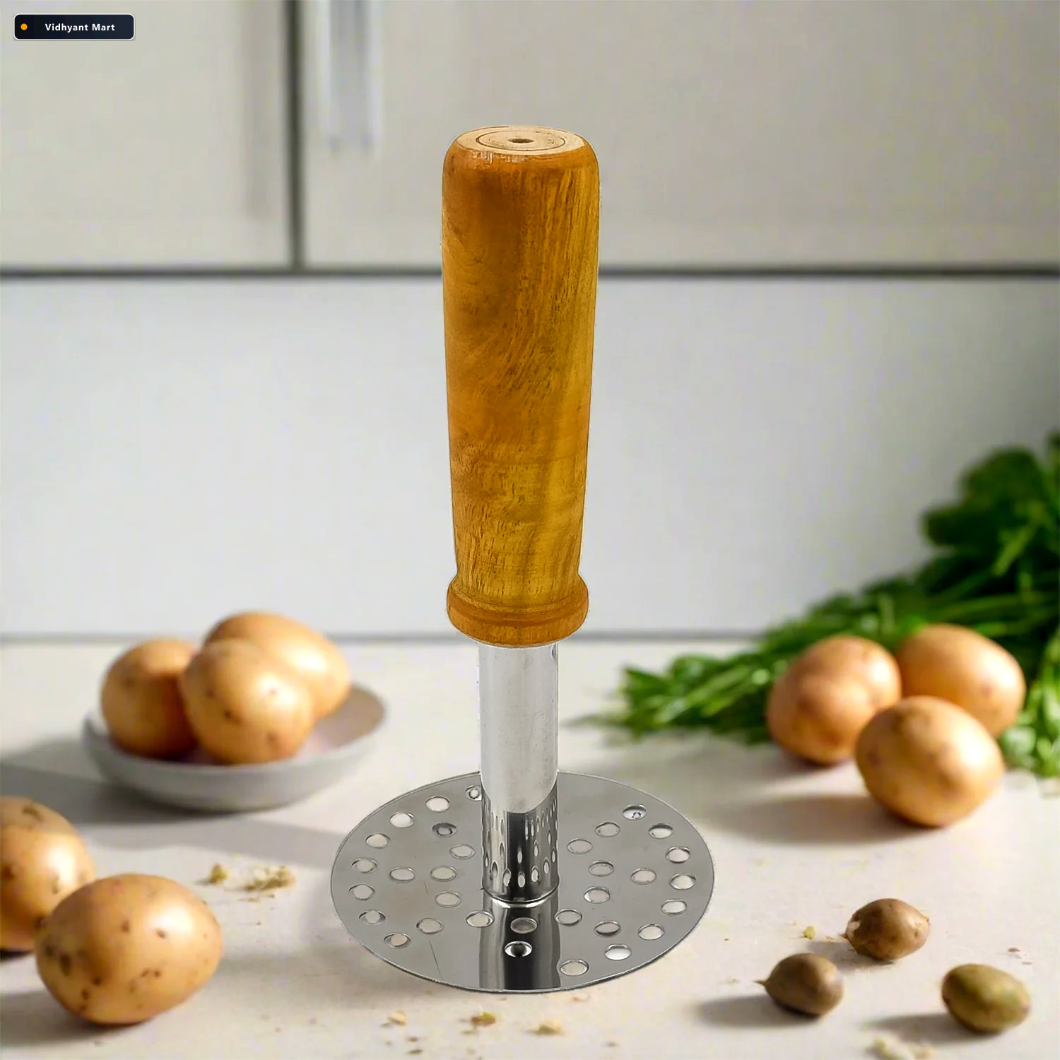 Vidhyant Mart Stainless Steel Potato Masher Wooden Handle Durabl 1
