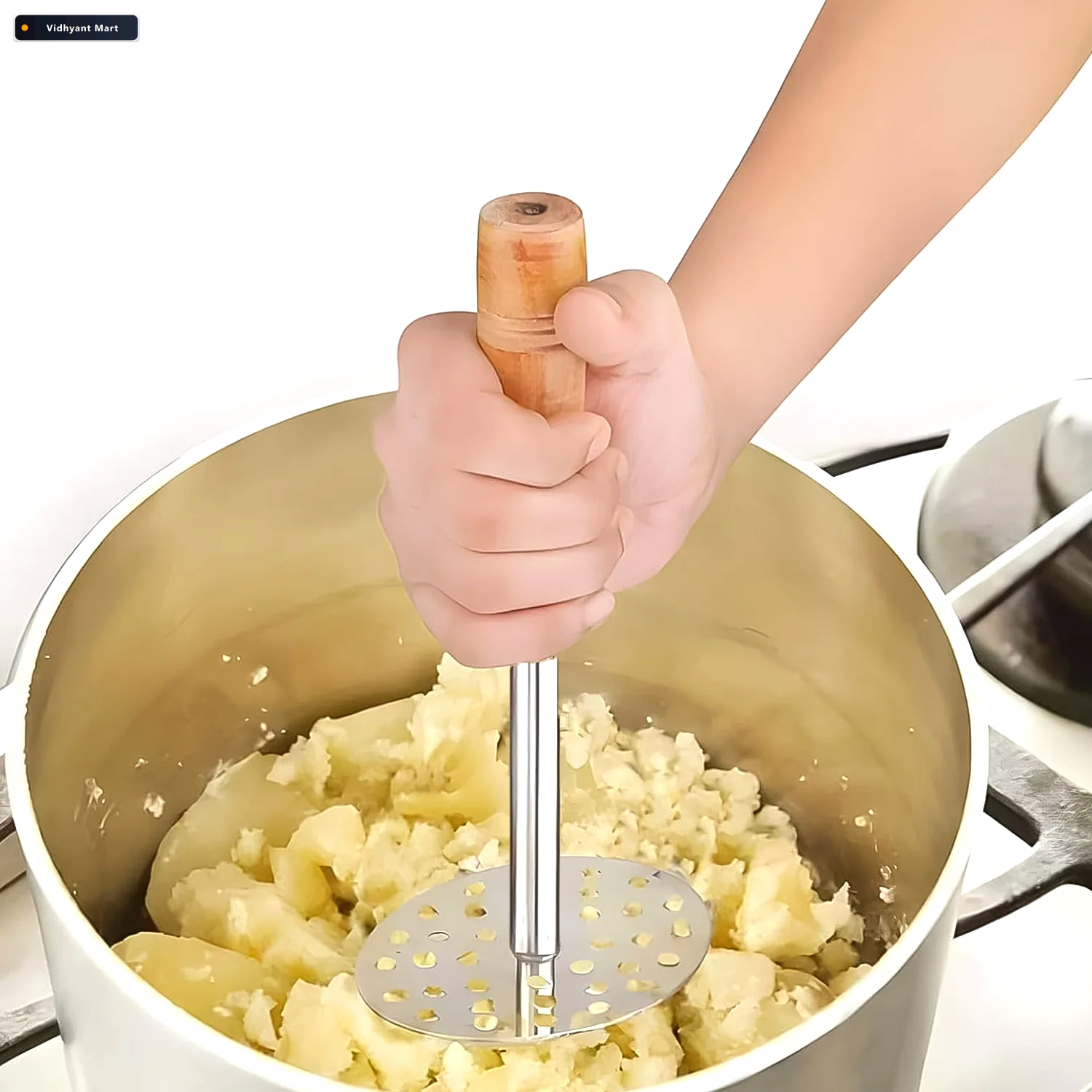 Vidhyant Mart Stainless Steel Potato Masher Wooden Handle Durabl 3
