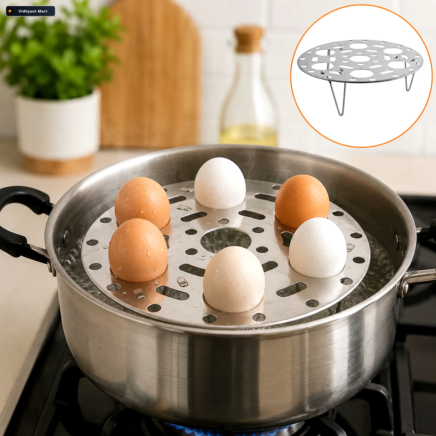 Vidhyant Mart Stainless Steel Round Egg Steamer Rack Folding Tri 1