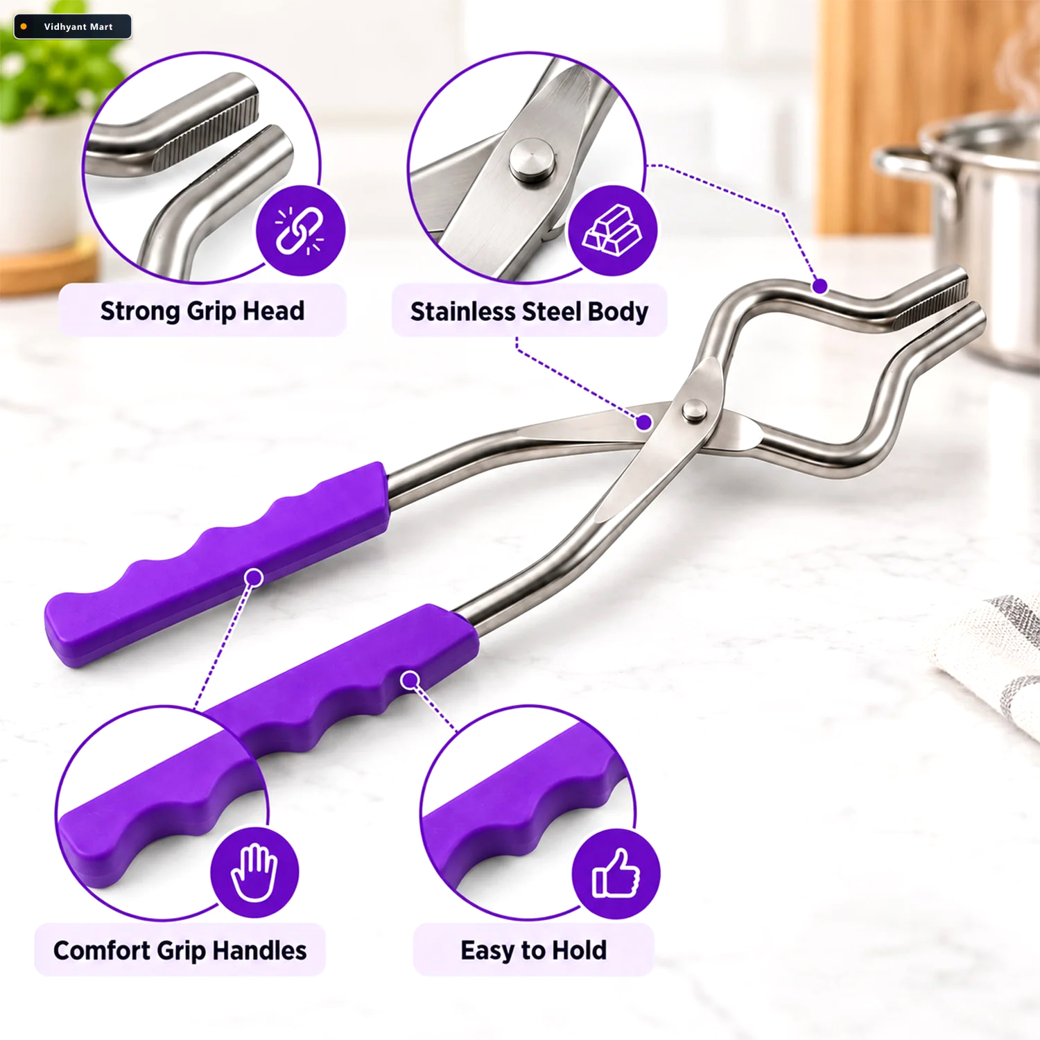 Vidhyant Mart Stainless Steel Sansi Pakkad With Plastic Grip For 3
