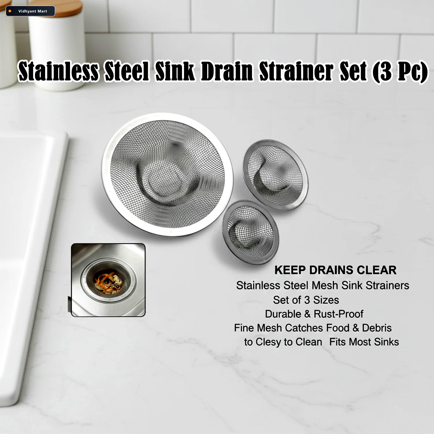 Vidhyant Mart Stainless Steel Sink Drain Strainer Set Prevents C 3