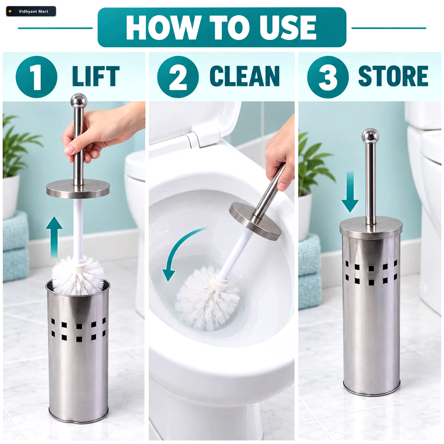 Vidhyant Mart Stainless Steel Toilet Brush With Holder Toilet Cl 3